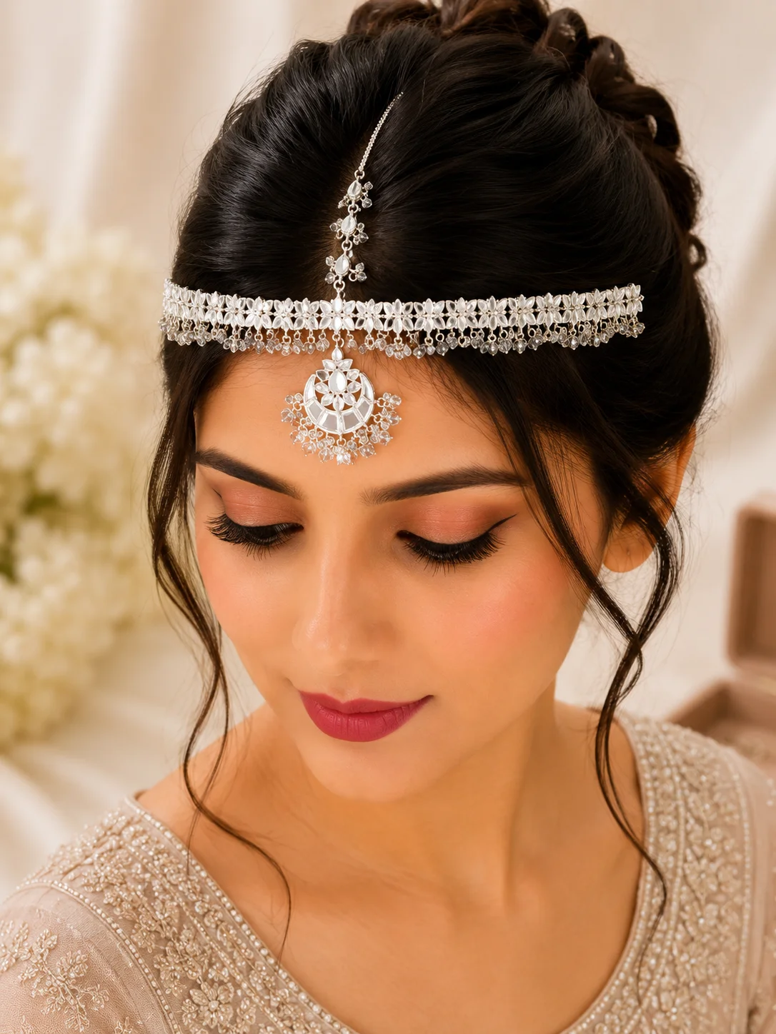 Luxury Silver Mirror Matha Patti – Crystal Bridal Headpiece