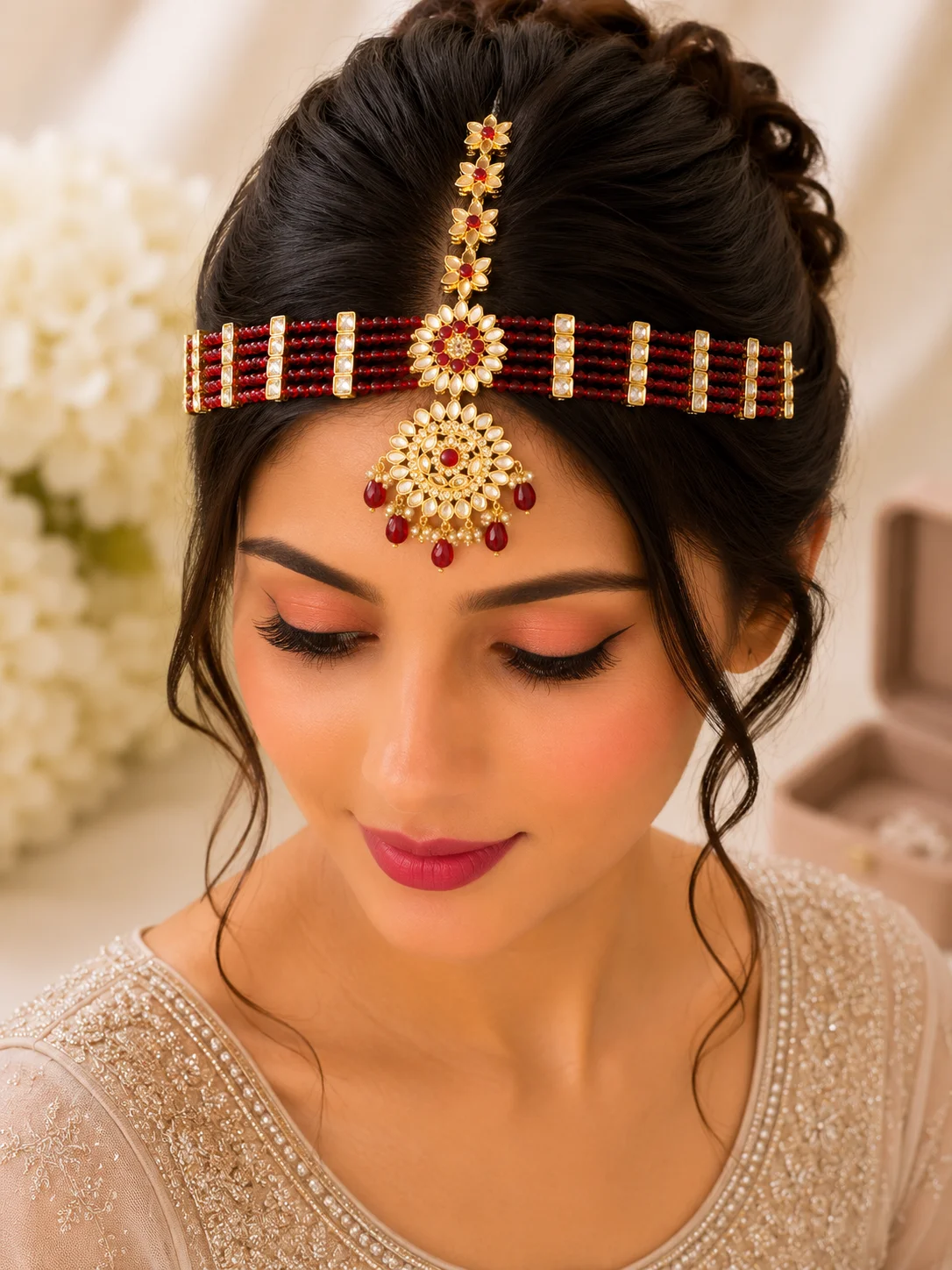 Luxury Red Beaded Gold Matha Patti – Mirror Stone Bridal Headpiece