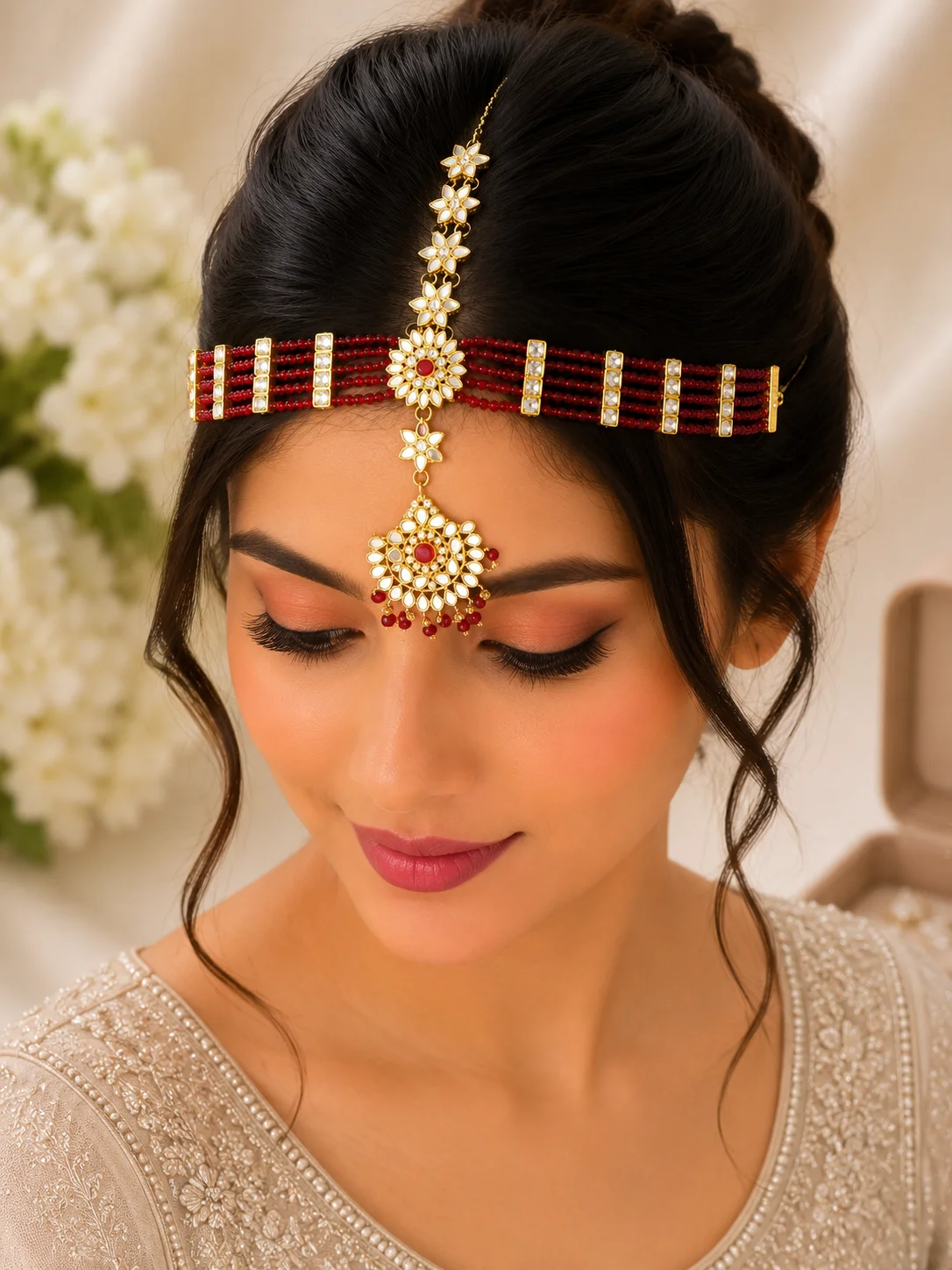 Luxury Red Beaded Gold Matha Patti – Mirror Stone Bridal Headpiece