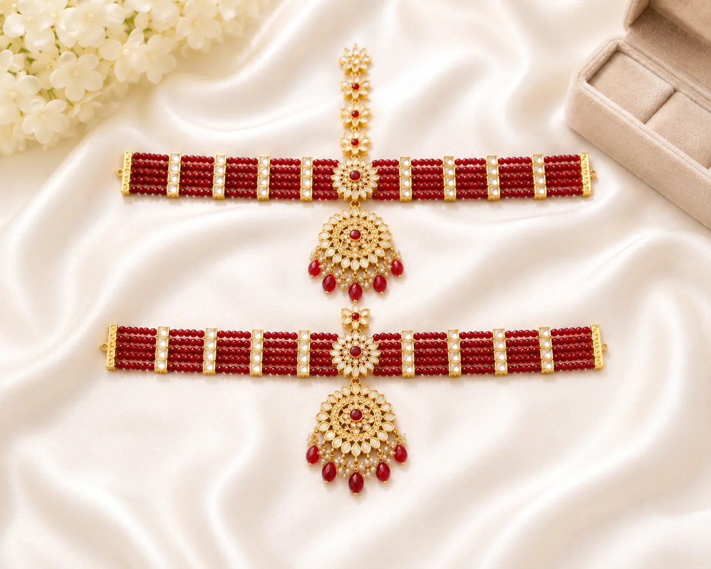Luxury Red Beaded Gold Matha Patti – Mirror Stone Bridal Headpiece
