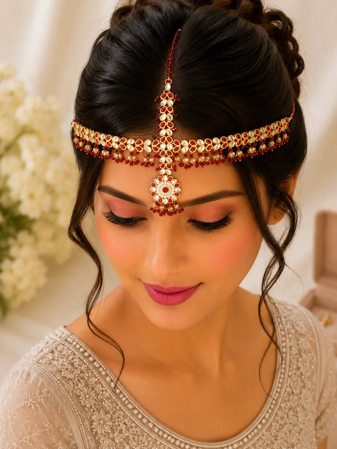 Royal Red & Gold Kundan Matha Patti – Bridal Head Jewelry