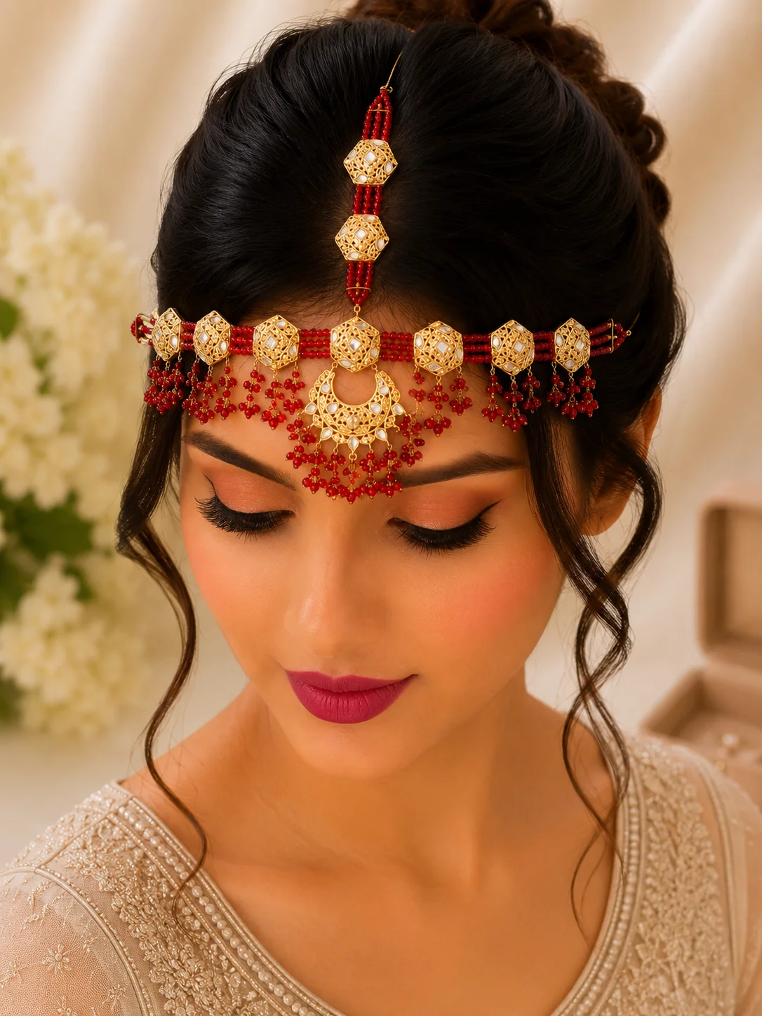 Royal Red Beaded Kundan Matha Patti – Luxury Bridal Headpiece