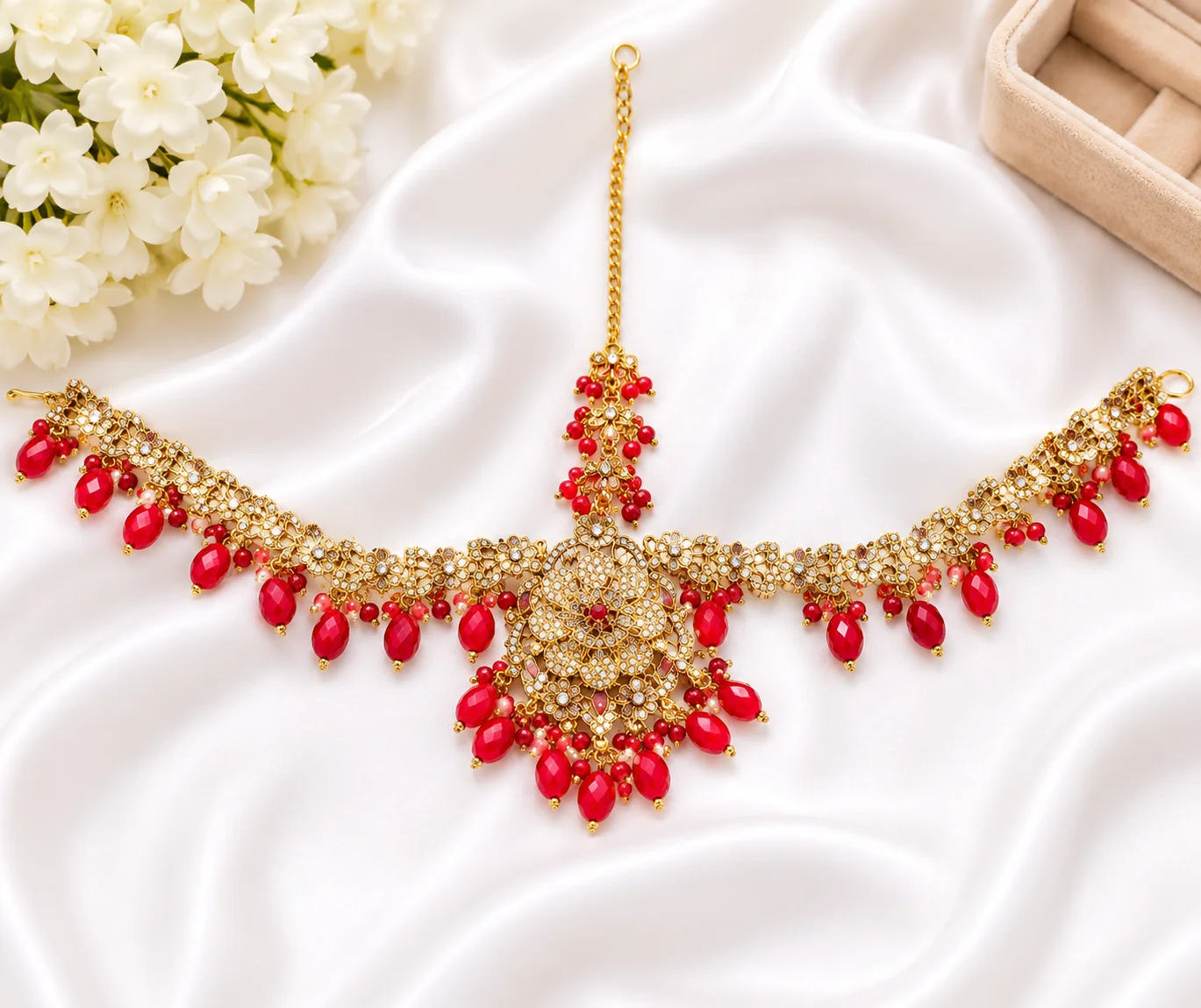 Royal Ruby Red Gold Matha Patti – Luxury Bridal Headpiece