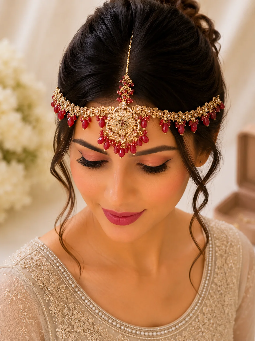 Royal Ruby Red Gold Matha Patti – Luxury Bridal Headpiece