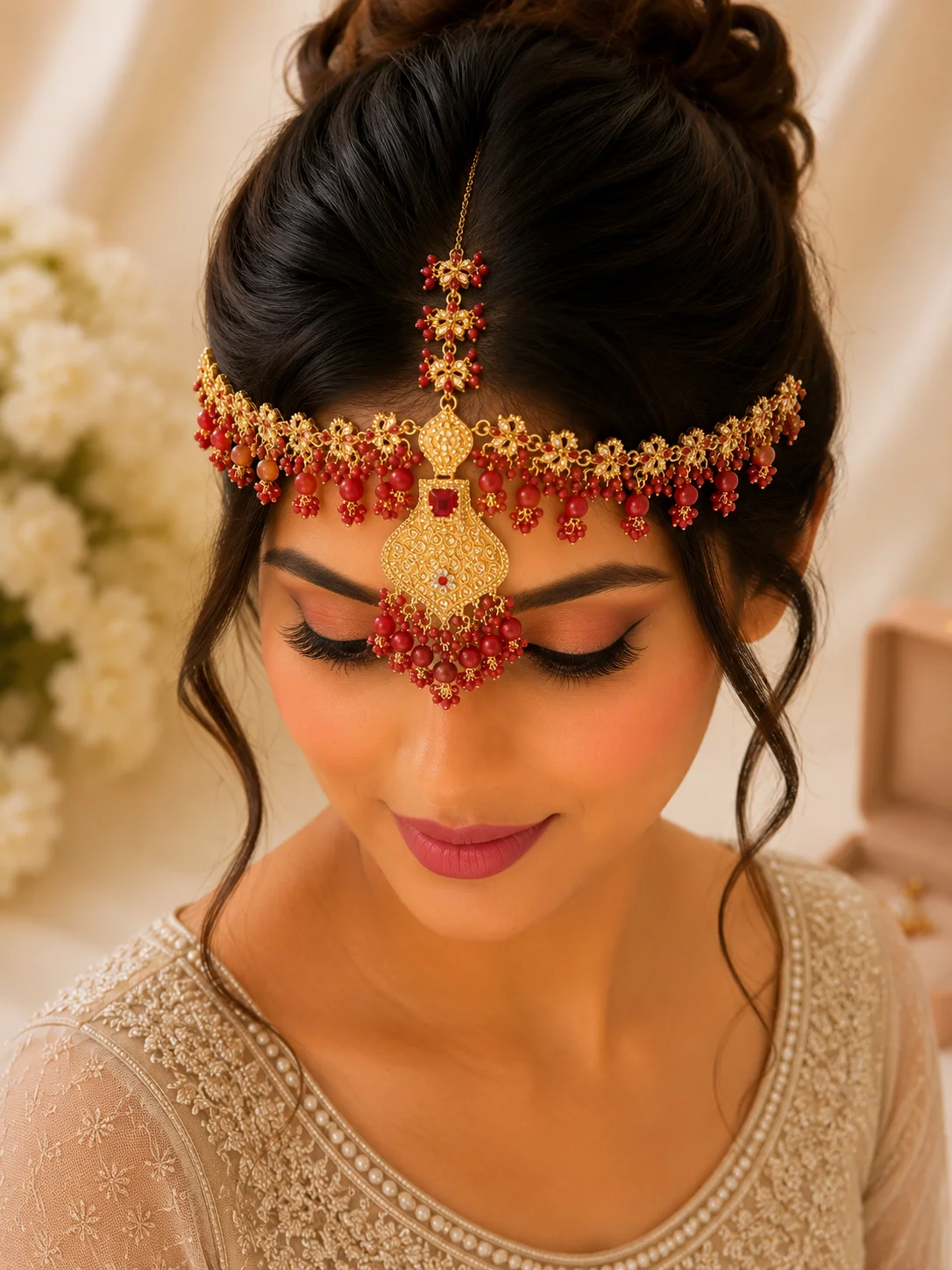 Royal Red Beaded Gold Matha Patti – Traditional Bridal Headpiece
