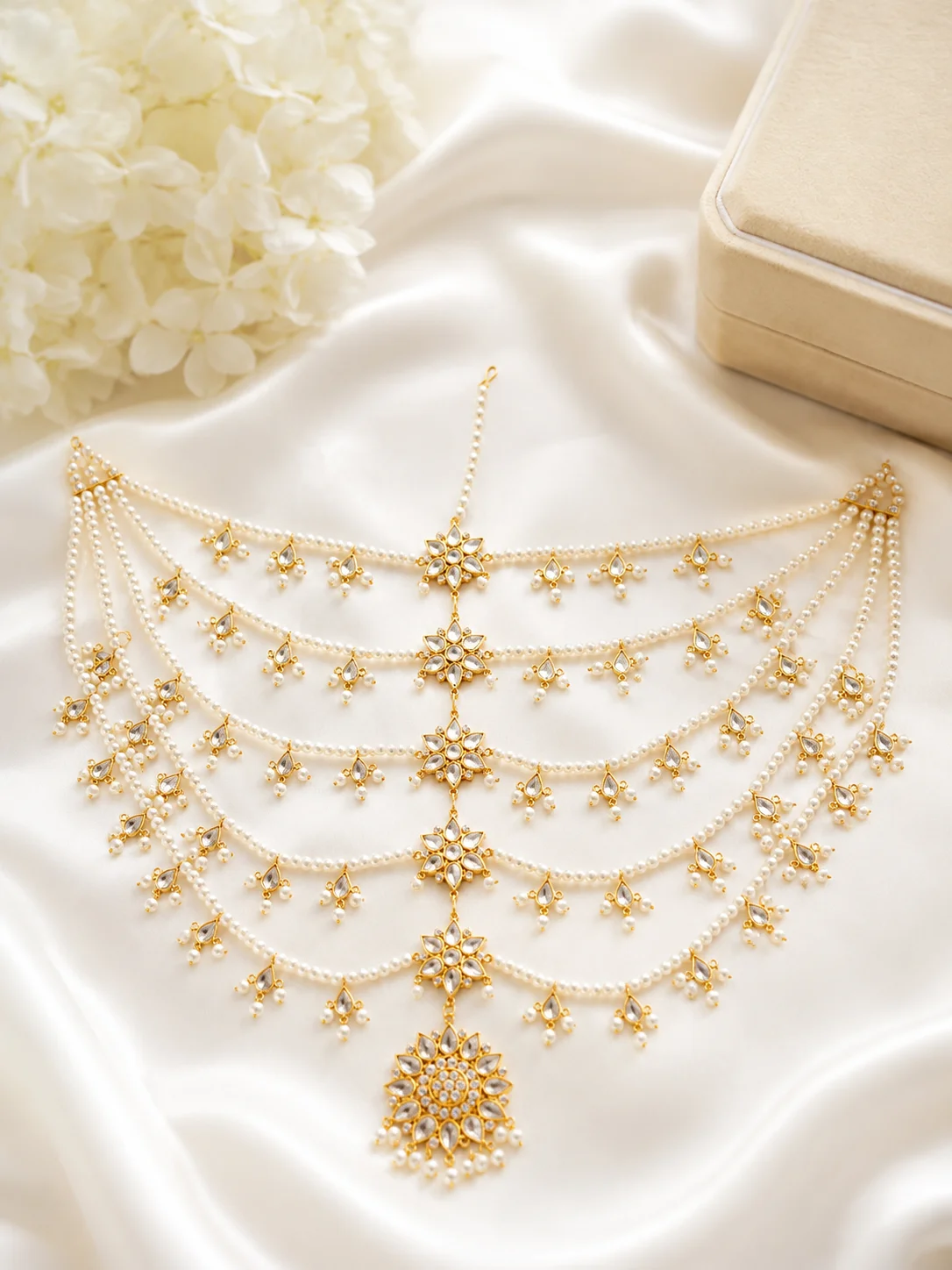 Luxury Pearl & Kundan Bridal Matha Patti – Multi-Layer Gold Head Jewelry