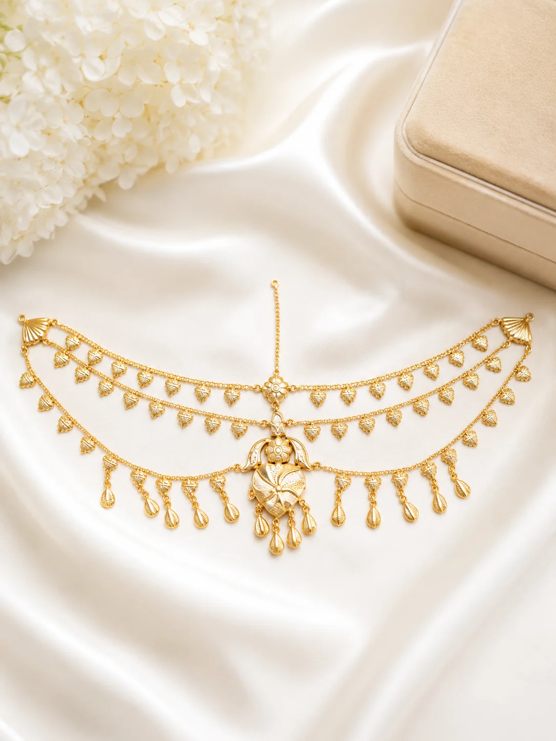 Traditional Golden Bridal Matha Patti – Multi-Layer Hanging Design