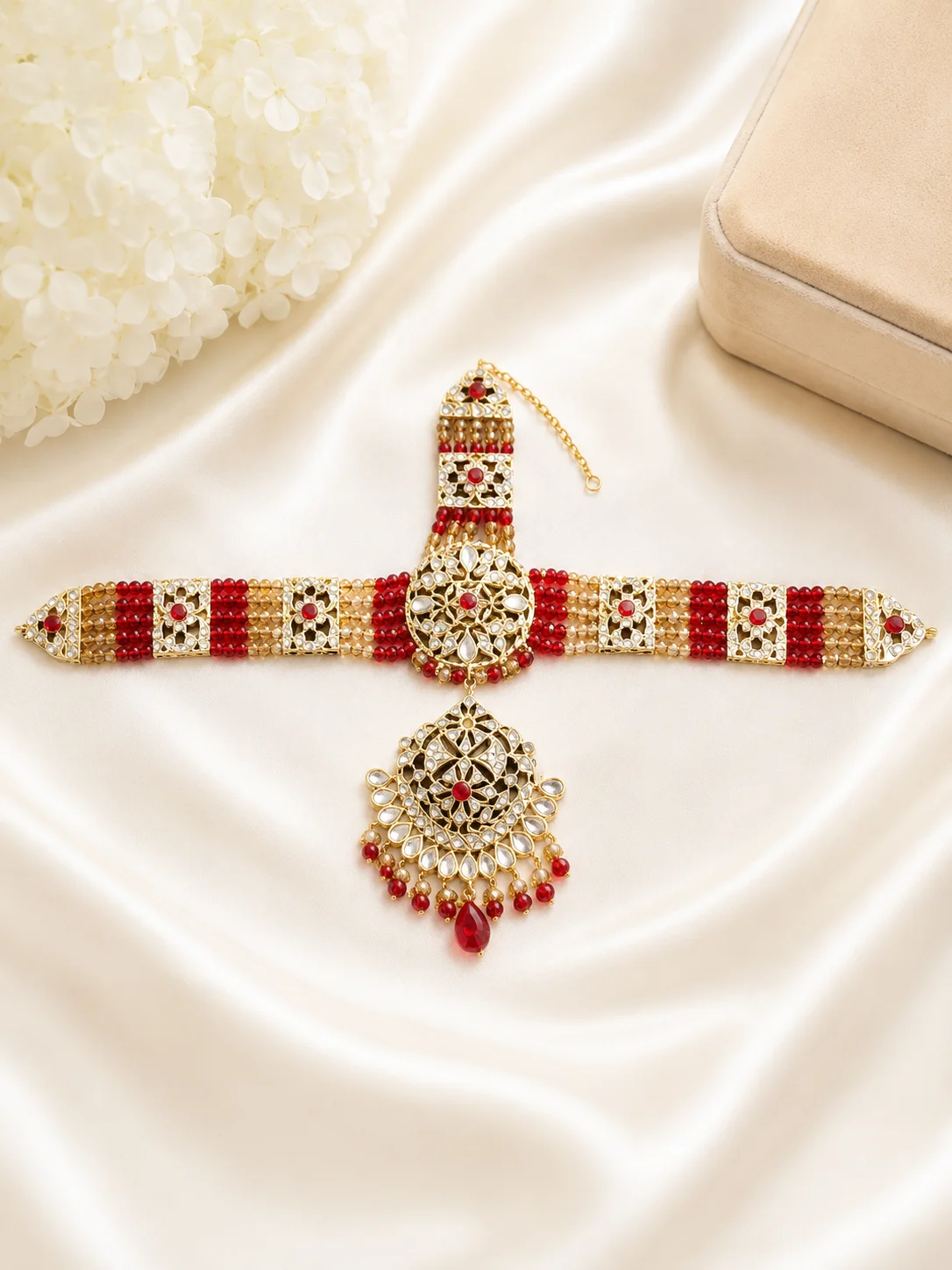 Royal Red Kundan Bridal Matha Patti – Traditional Beaded Head Jewelry