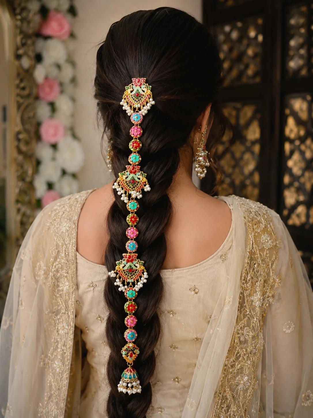 Multicolor Bridal Hair Paranda – Traditional Pearl & Kundan Braid Jewelry