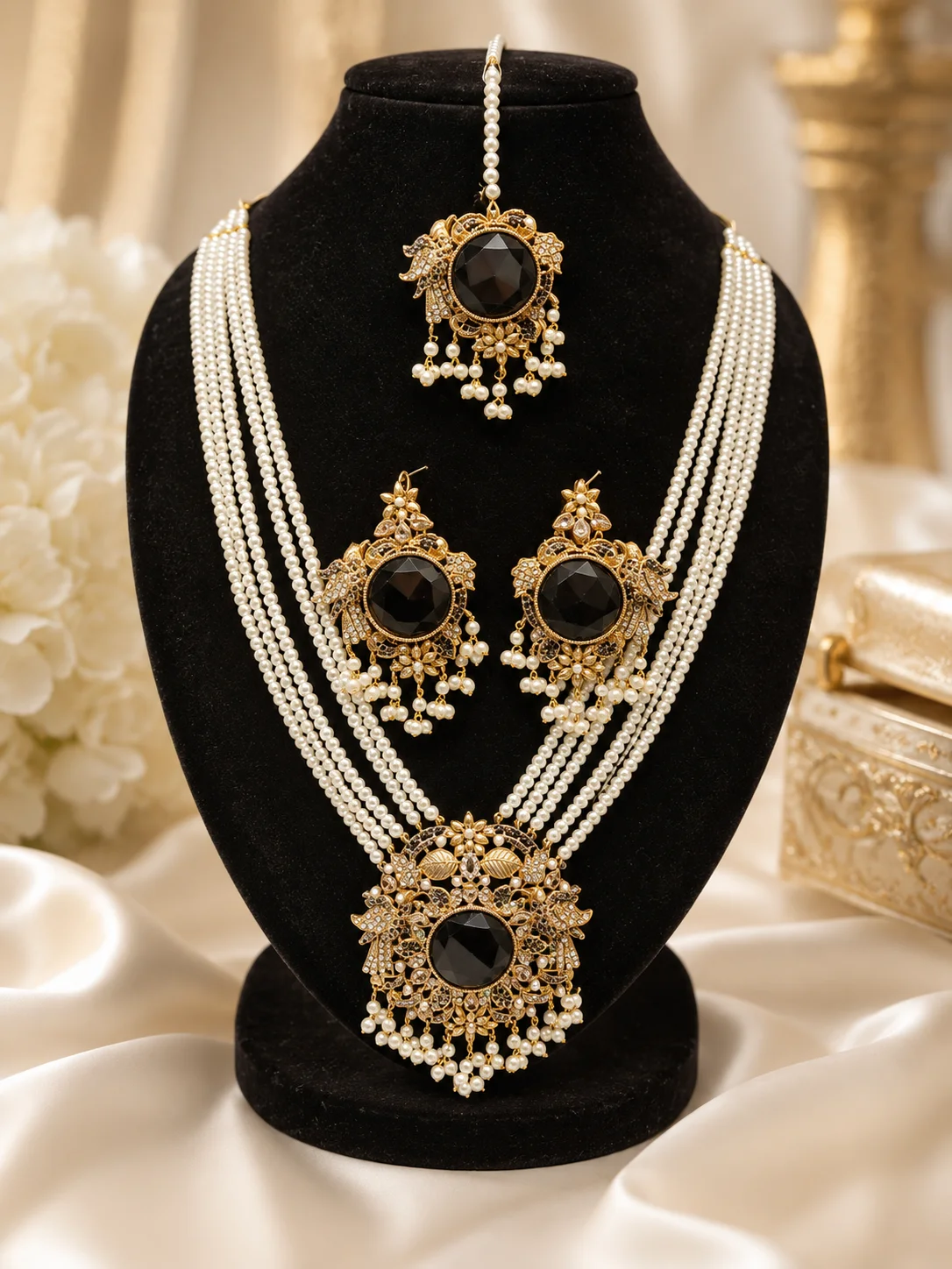 Royal Black Stone Turkish Mala Set – Multi-Layer Pearl Bridal Jewelry