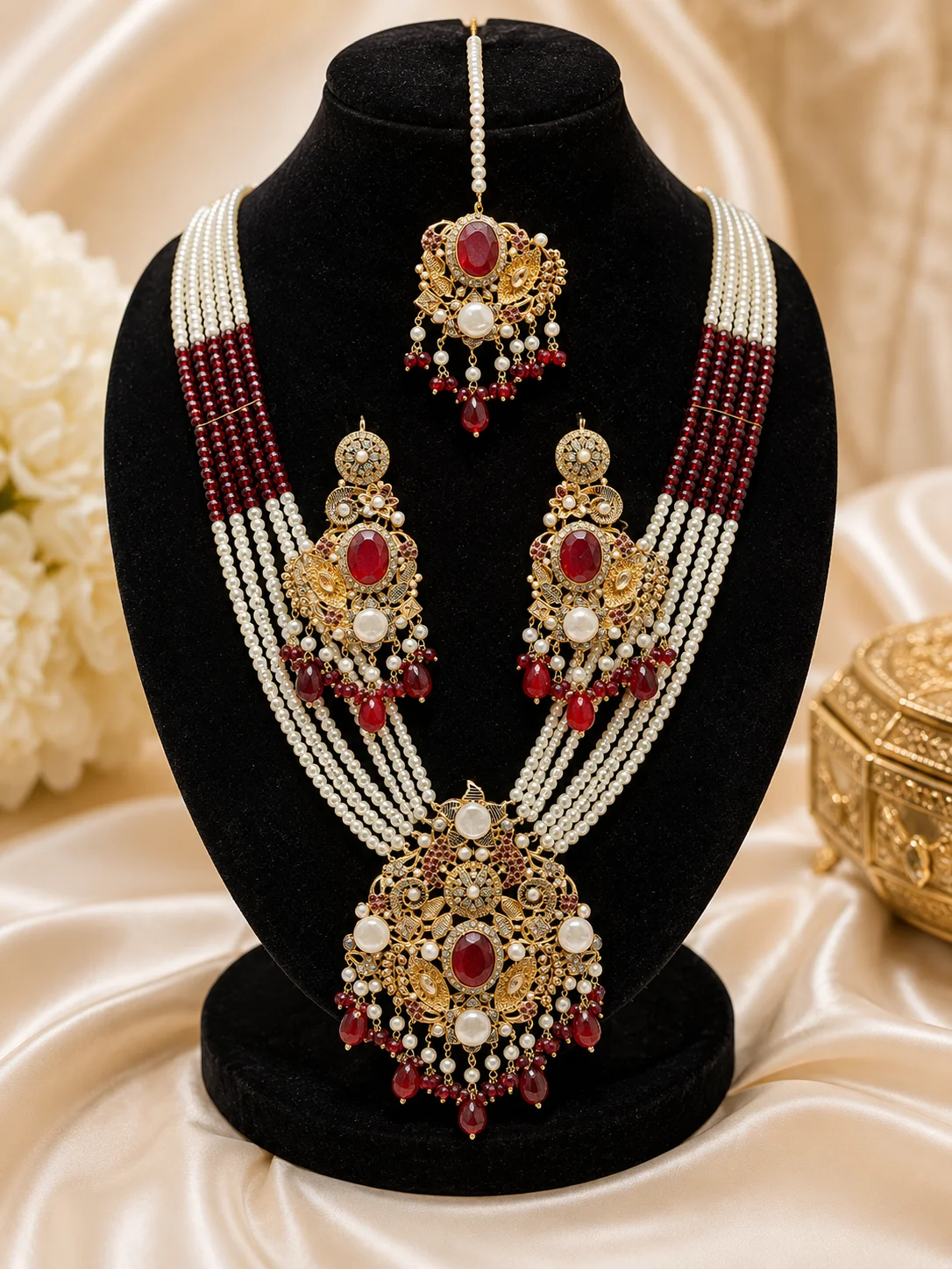 Royal Red Turkish Mala Set – Multi-Layer Pearl Bridal Jewelry Set