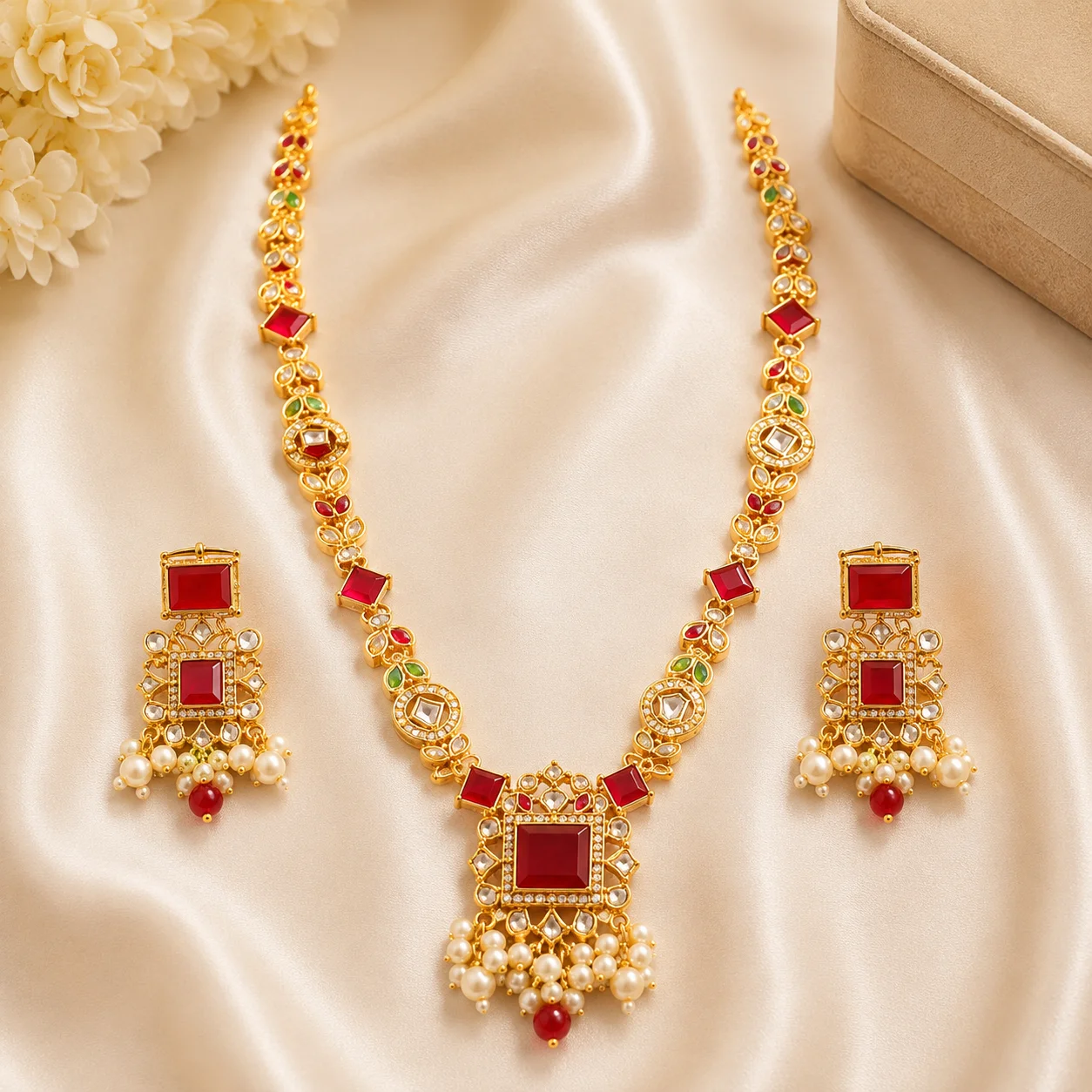 Royal Red Turkish Mala Set – Luxury Kundan & Pearl Jewelry