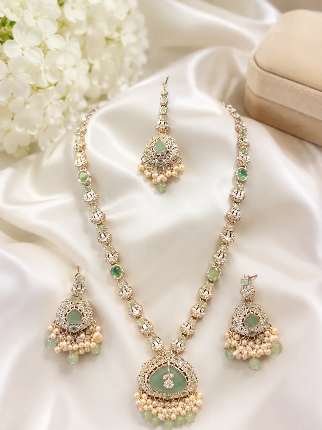 Mint Green Stone Necklace Set with Jhumka Earrings & Maang Tikka