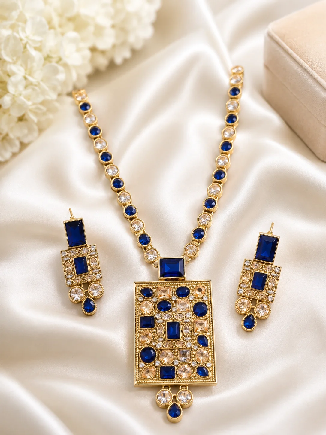 Royal Blue Stone Geometric Necklace Set with Matching Earrings