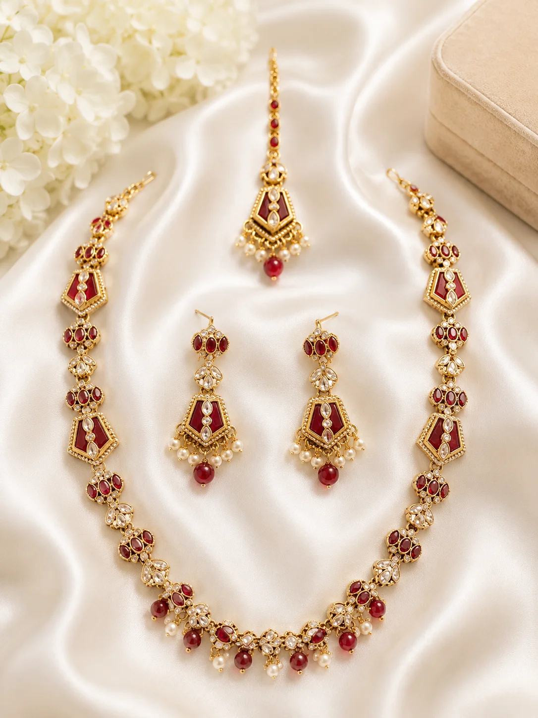 Ruby Red Stone Necklace Set with Jhumka Earrings & Maang Tikka