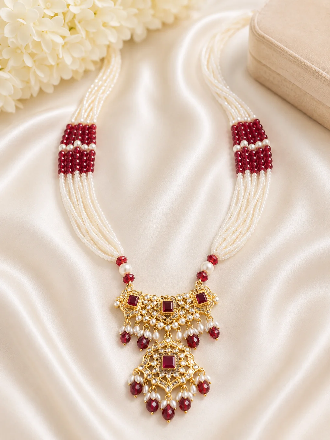 Multi-Strand Pearl & Ruby Pendant Necklace for Women