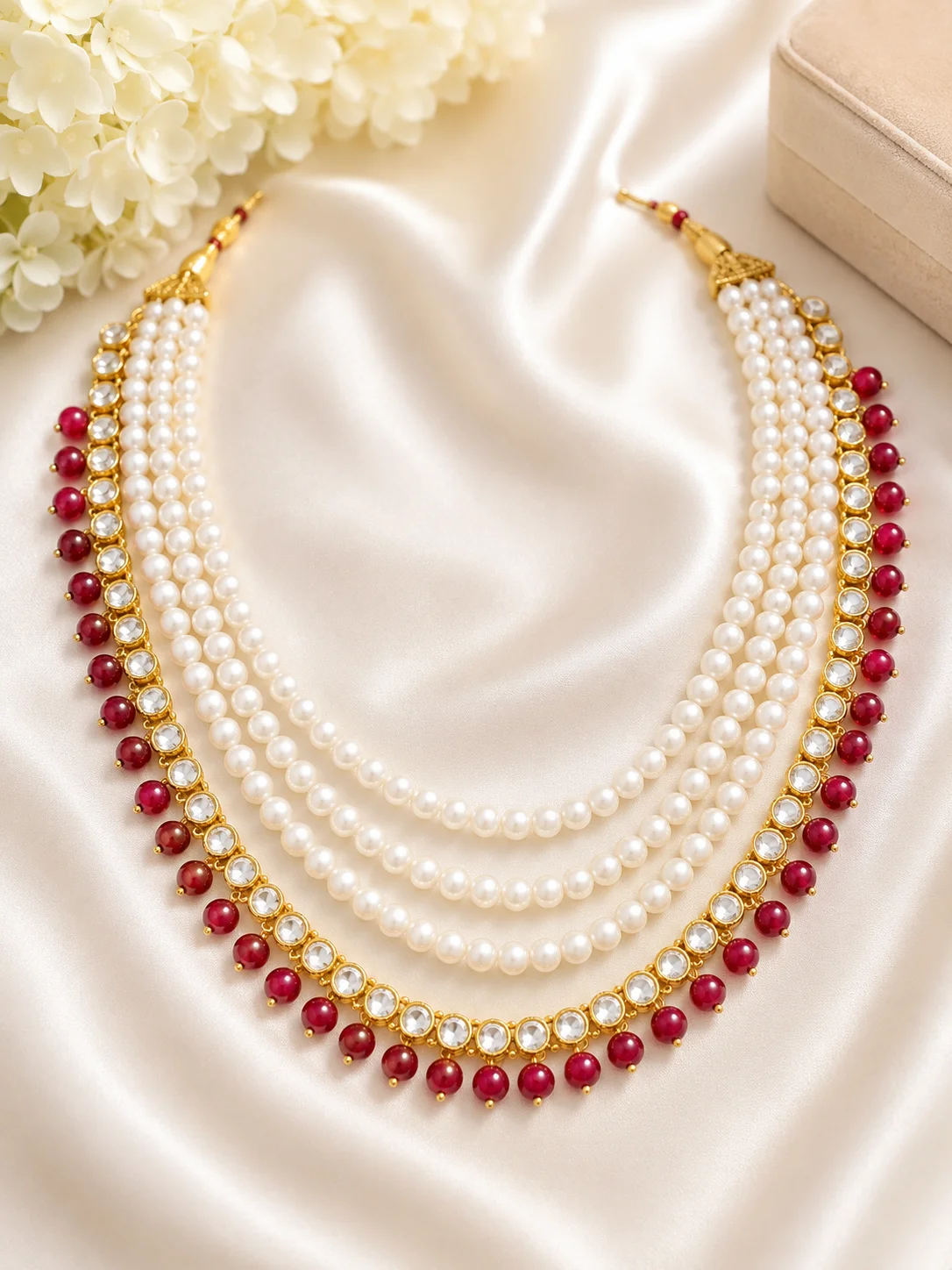 Pearl Mala Necklace Combo – Red, Green & Purple Collection