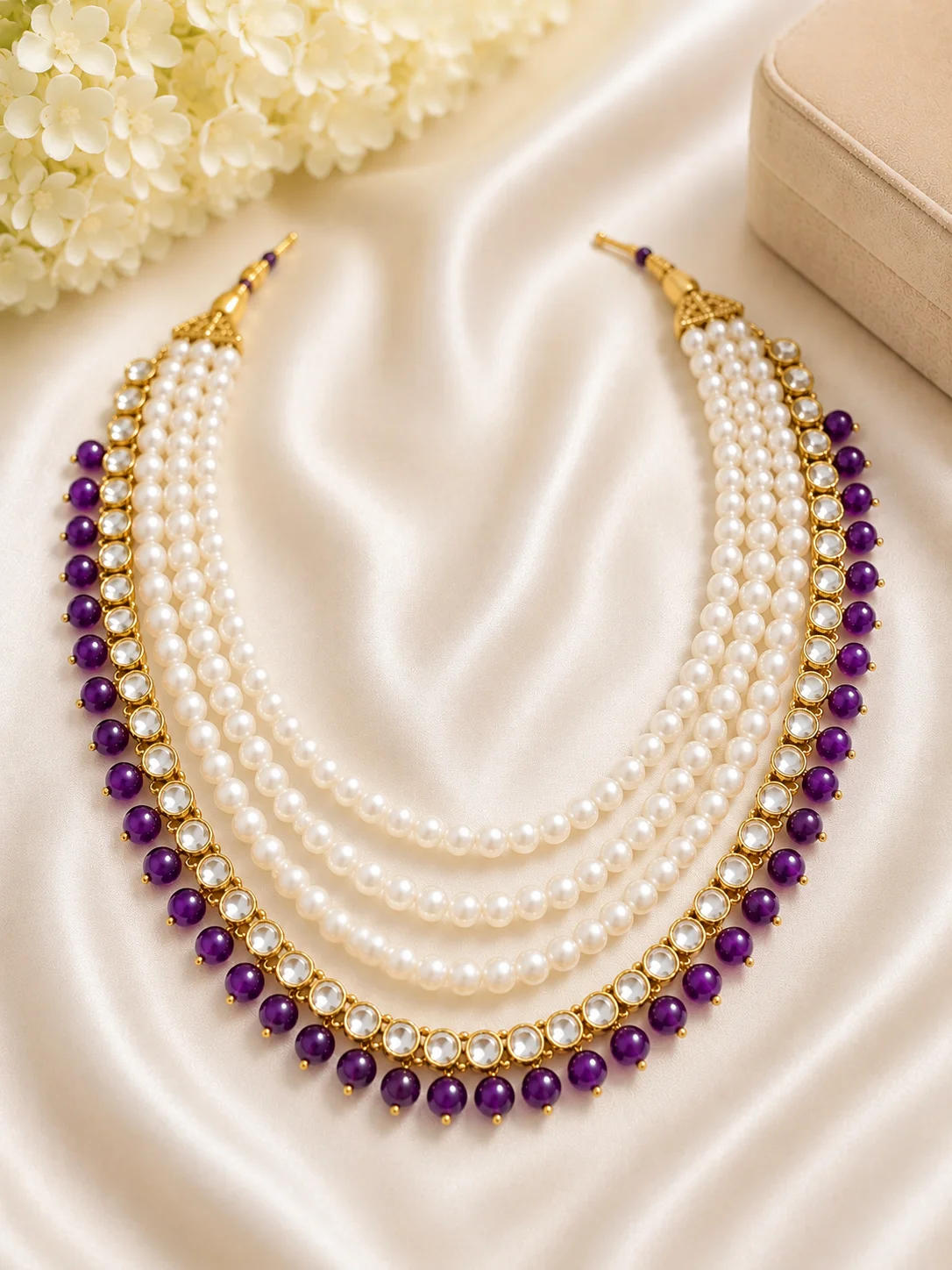 Pearl Mala Necklace Combo – Red, Green & Purple Collection