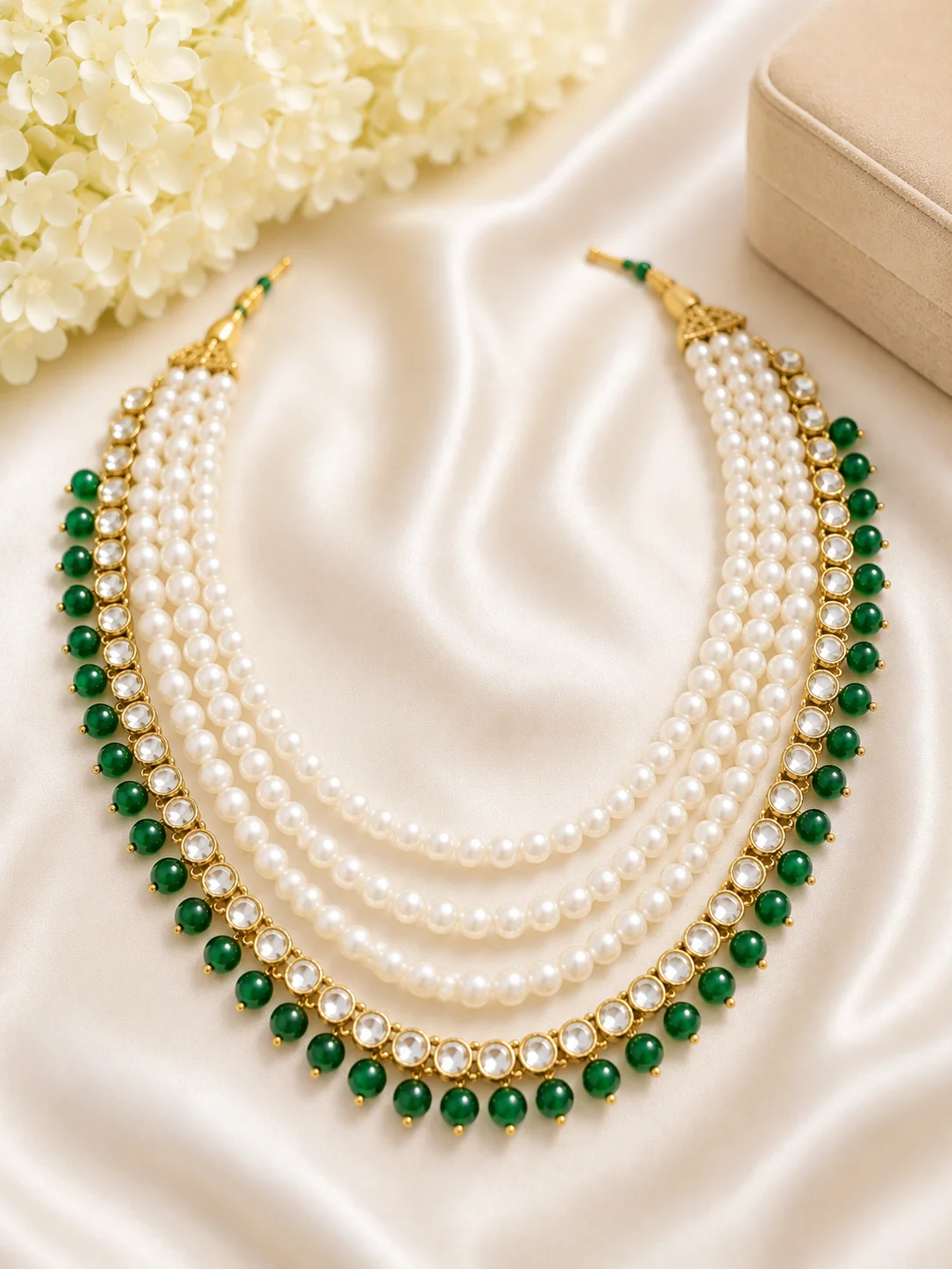 Pearl Mala Necklace Combo – Red, Green & Purple Collection