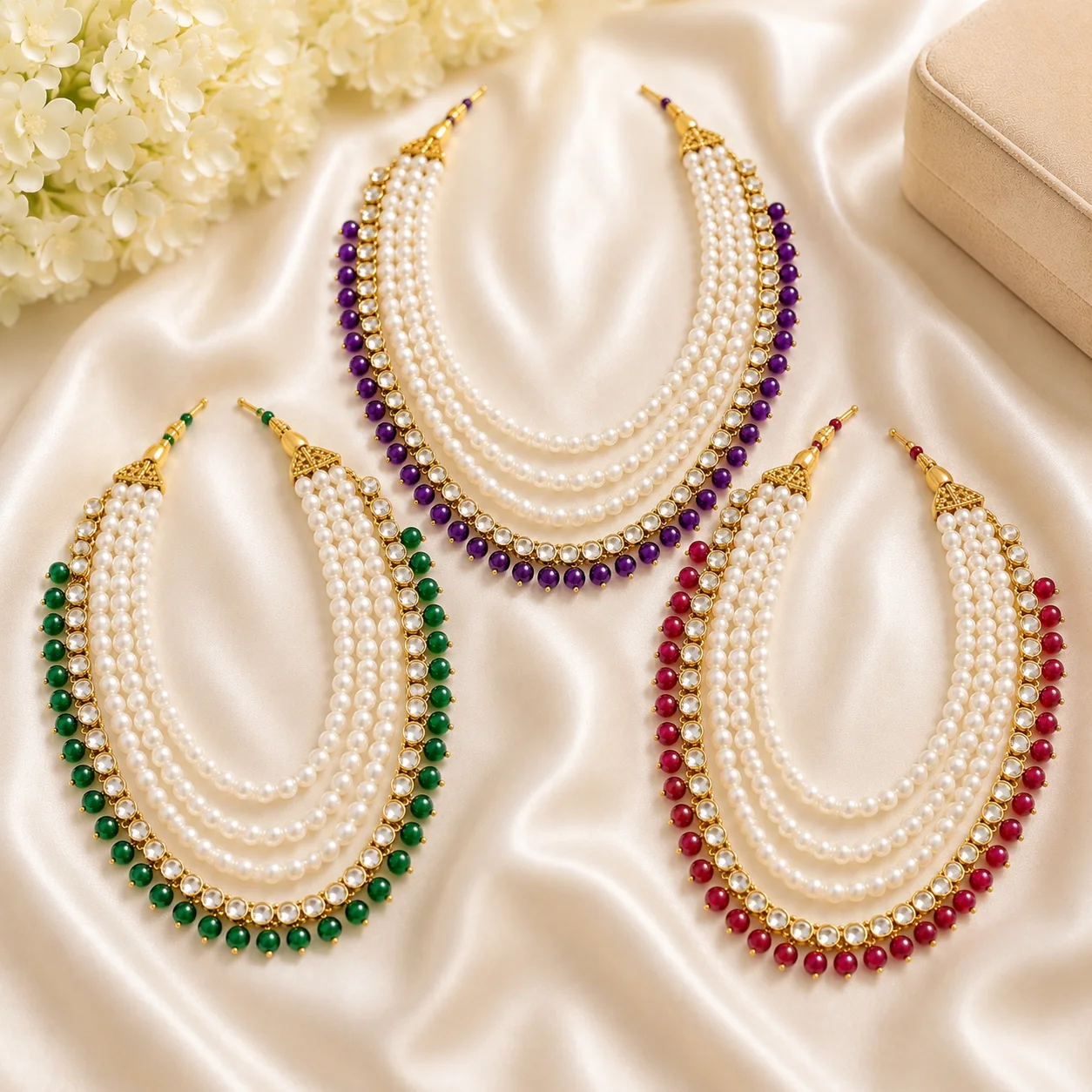 Pearl Mala Necklace Combo – Red, Green & Purple Collection