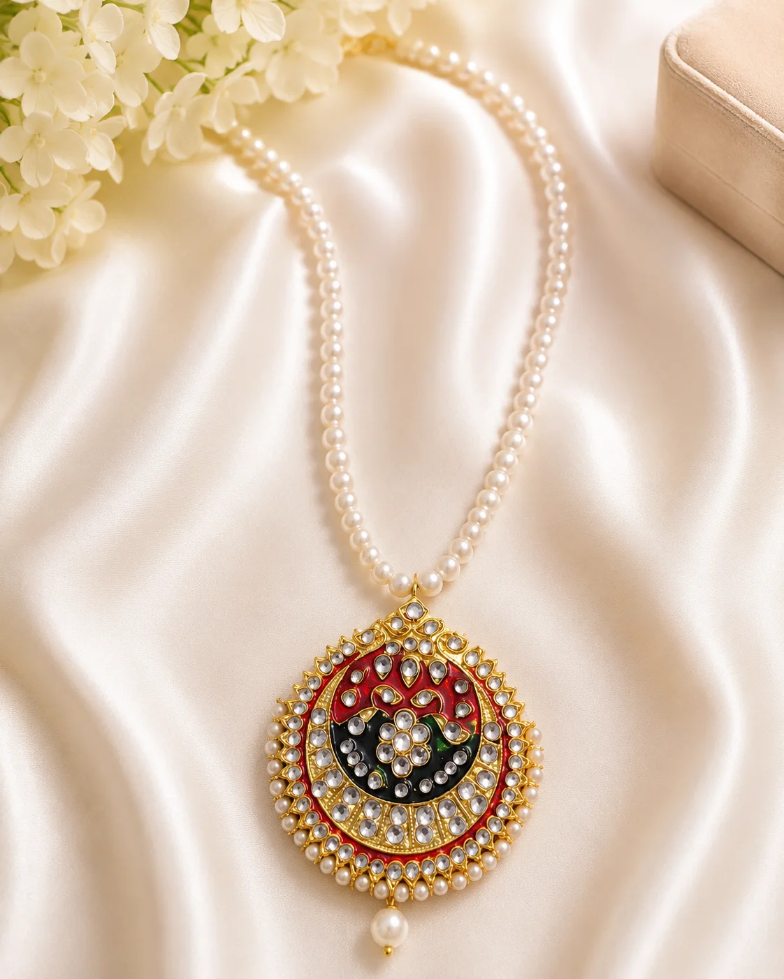 Pearl Pendant Necklace with Traditional Meenakari Design