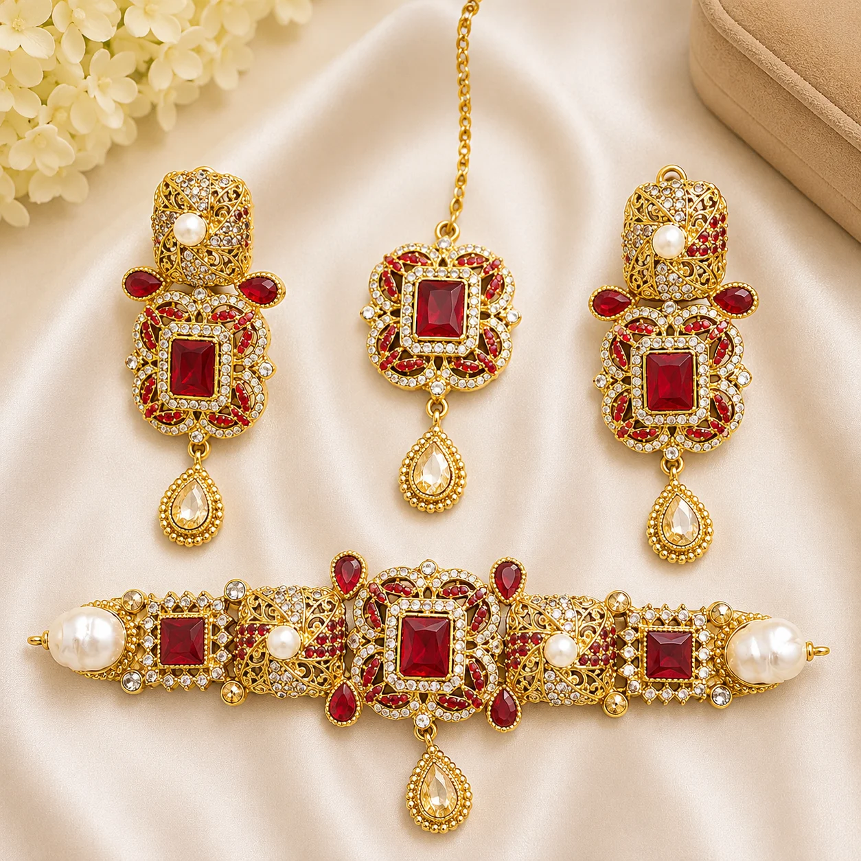 Luxury Turkish Choker Set with Earrings & Maang Tikka – Gold Finish