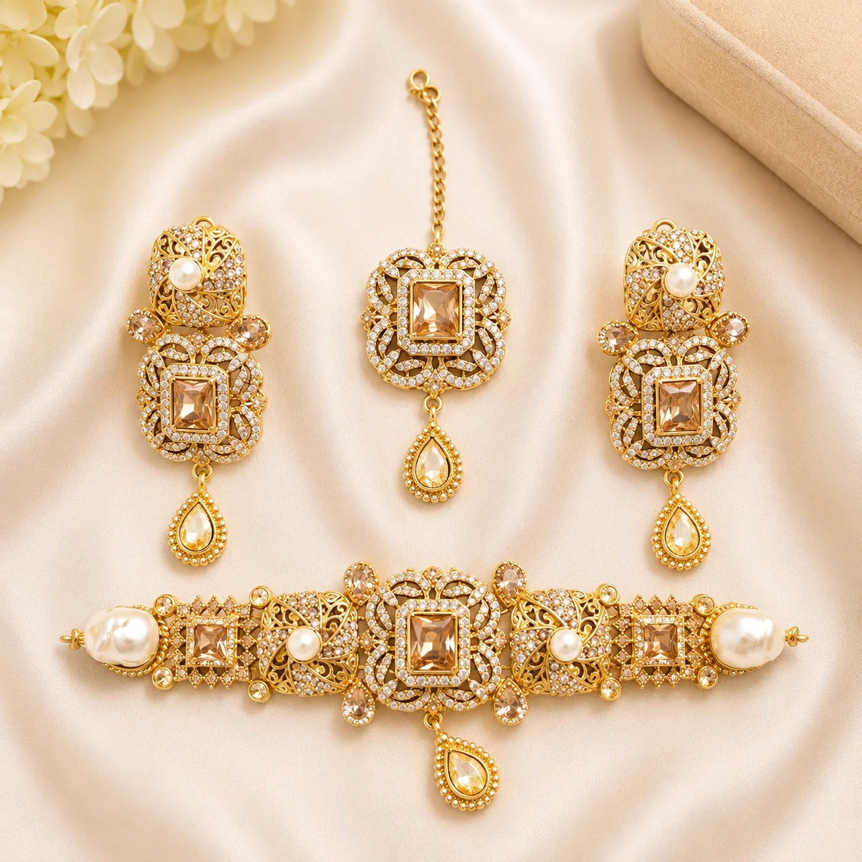 Luxury Turkish Choker Set with Earrings & Maang Tikka – Gold Finish
