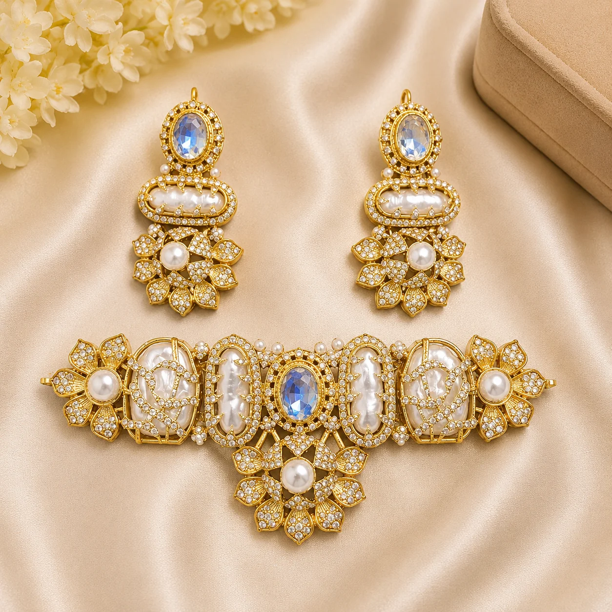 Luxury Turkish Choker Set with Blue Crystal Stones & Pearl Accents