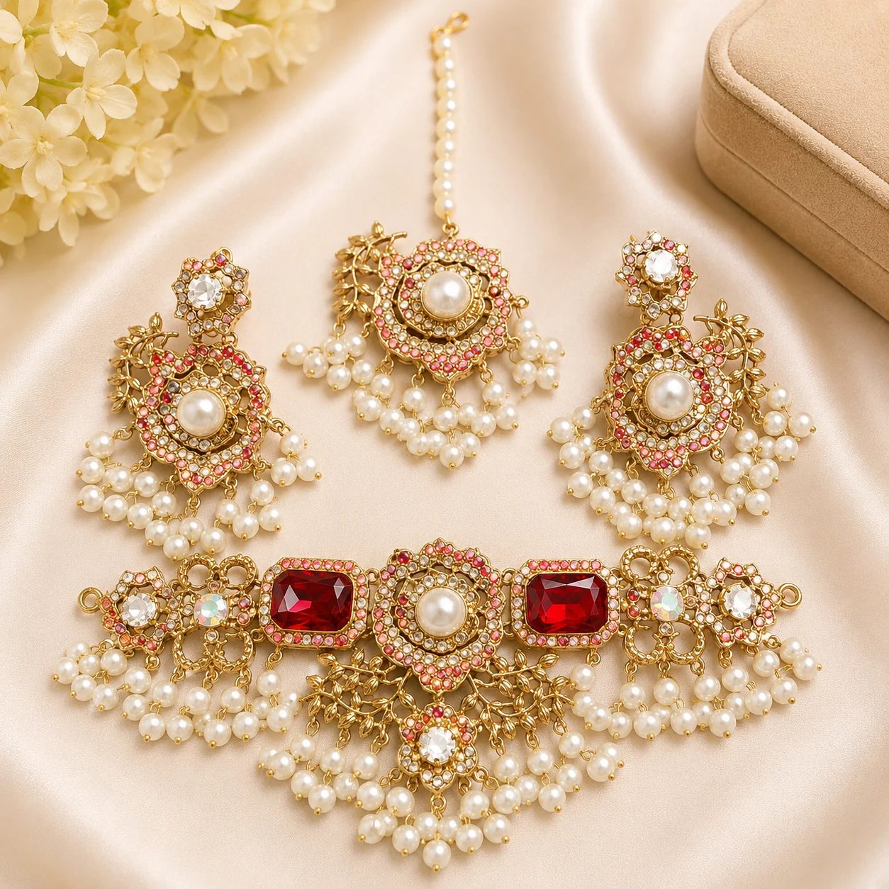 Luxury Turkish Choker Set with Ruby Red Stones, Pearl Tassels & Maang Tikka
