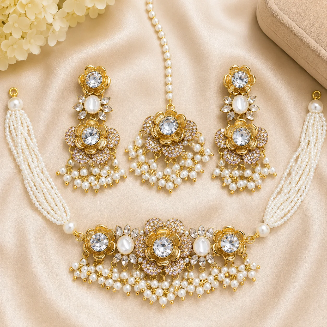 Luxury Turkish Floral Pearl Choker Set with Earrings & Maang Tikka