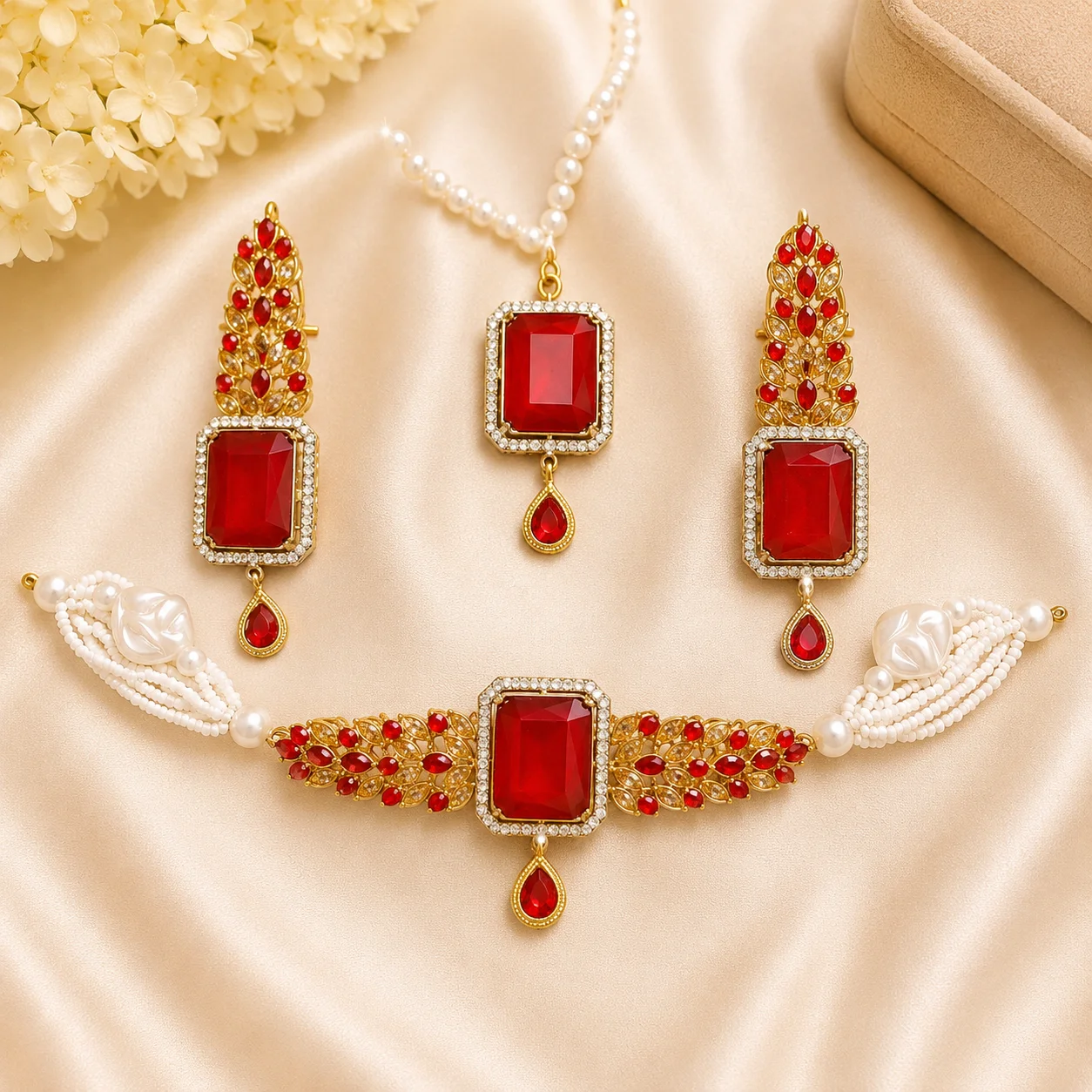 Luxury Turkish Choker Set with Ruby Red Crystal Stones & Pearl Strands