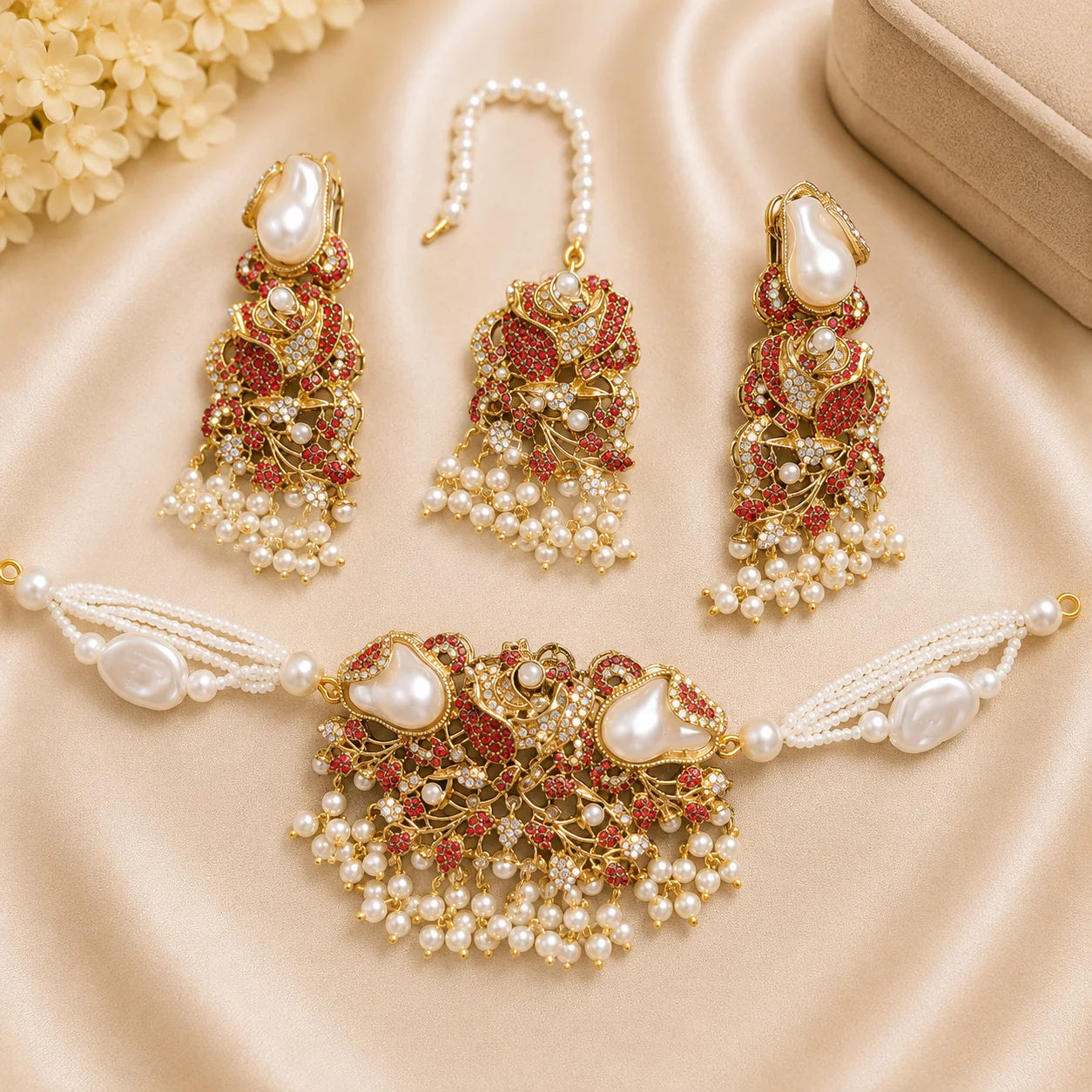 Luxury Turkish Rose Choker Set with Pearl Tassels, Earrings & Maang Tikka