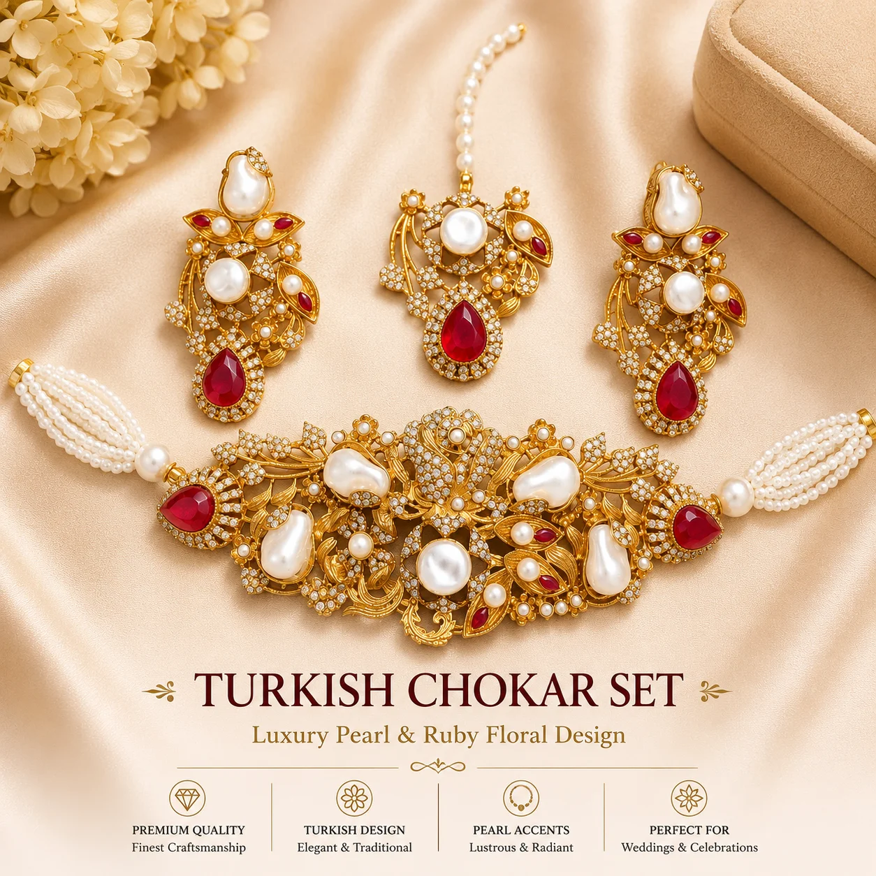 Luxury Turkish Floral Choker Set with Ruby Stones, Pearls & Maang Tikka