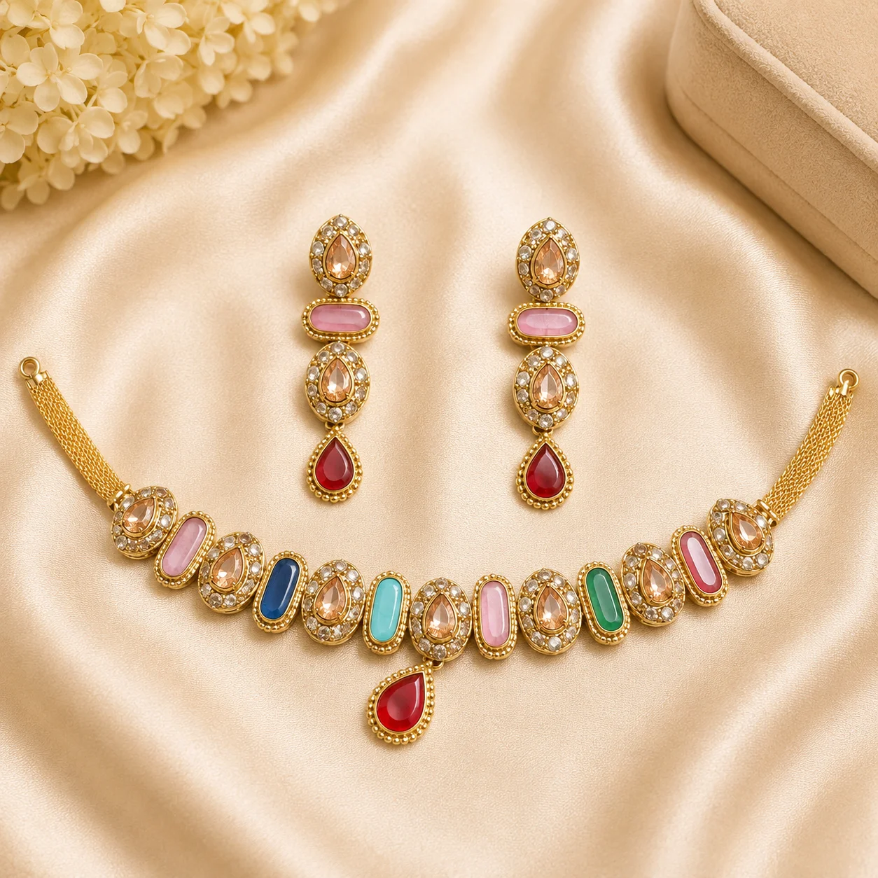 Luxury Turkish Multicolor Choker Set with Statement Earrings