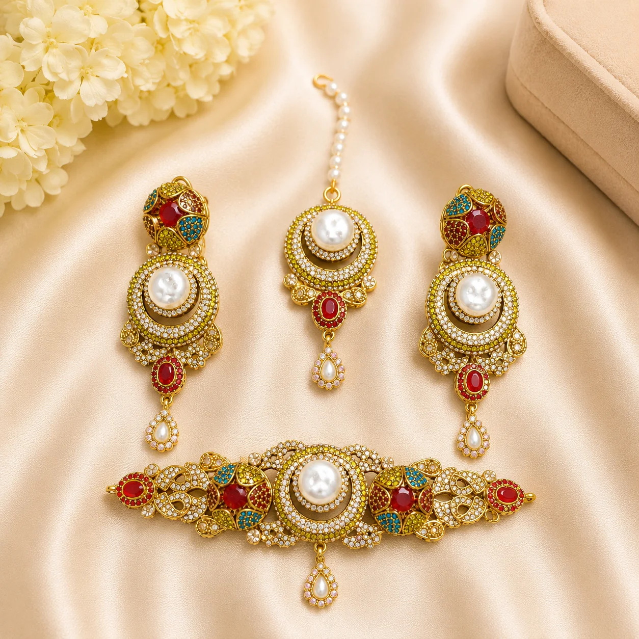 Luxury Turkish Multicolor Pearl Choker Set with Earrings & Maang Tikka