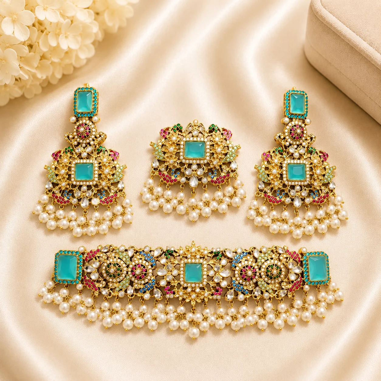Luxury Turkish Pearl Choker Set with Aqua Stones, Earrings & Maang Tikka