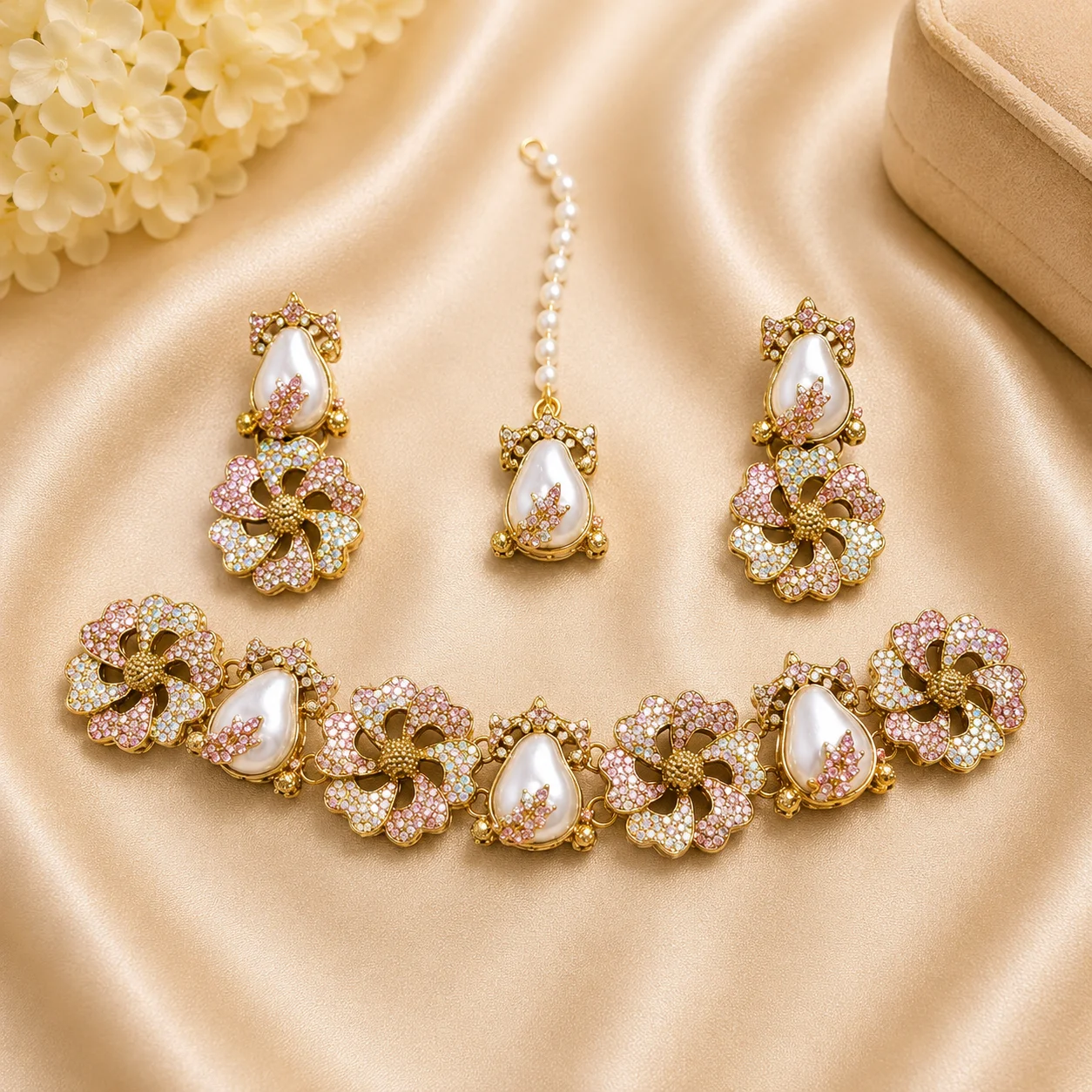Luxury Turkish Floral Pearl Choker Set with Earrings & Maang Tikka
