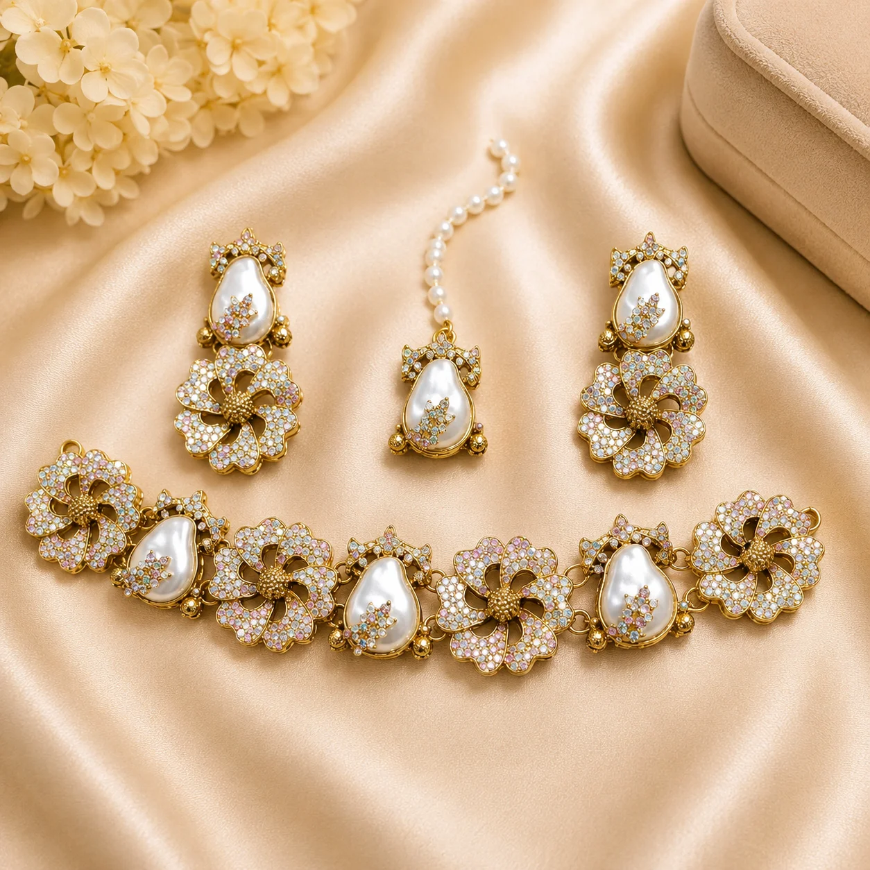 Luxury Turkish Floral Pearl Choker Set with Earrings & Maang Tikka