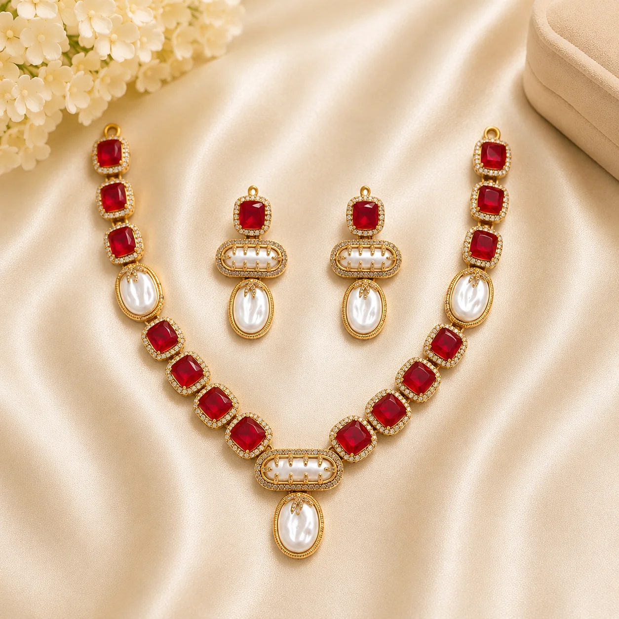 Turkish Choker Set – Red Stone & Pearl Luxury Bridal Jewelry Set
