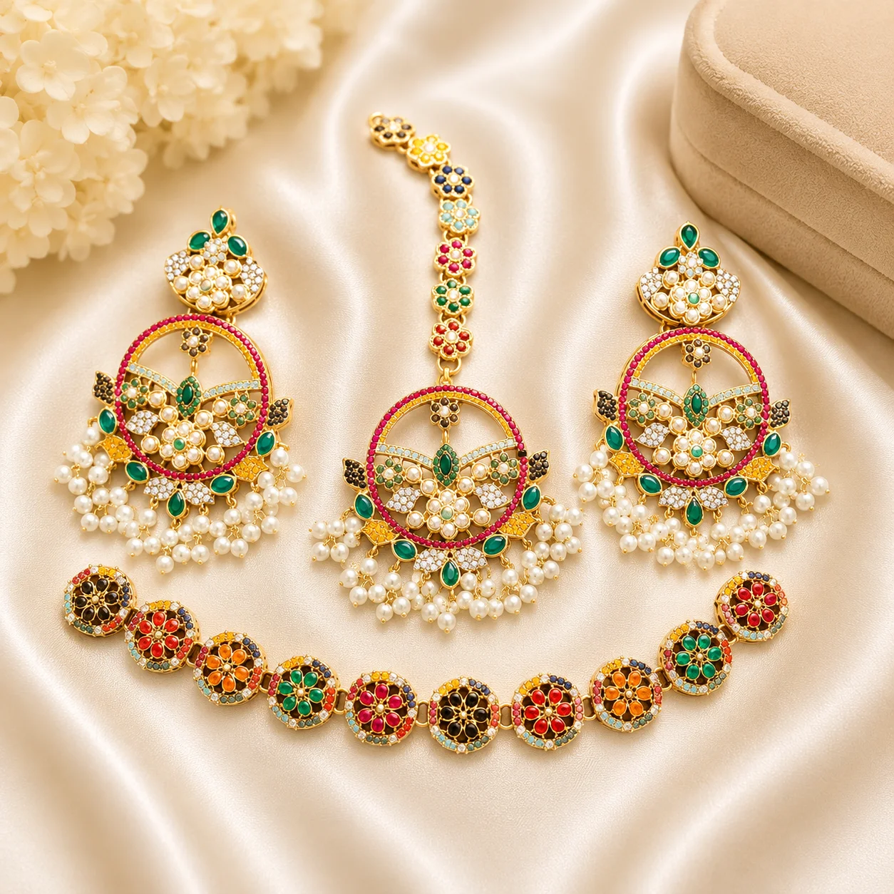 Turkish Choker Set – Multicolor Floral Pearl Bridal Jewelry Set