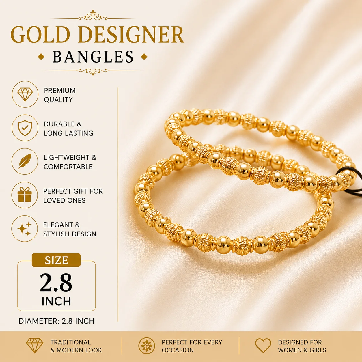 Premium Gold Beaded Designer Bangles for Women – Elegant Bracelet Pair | Size 2.8
