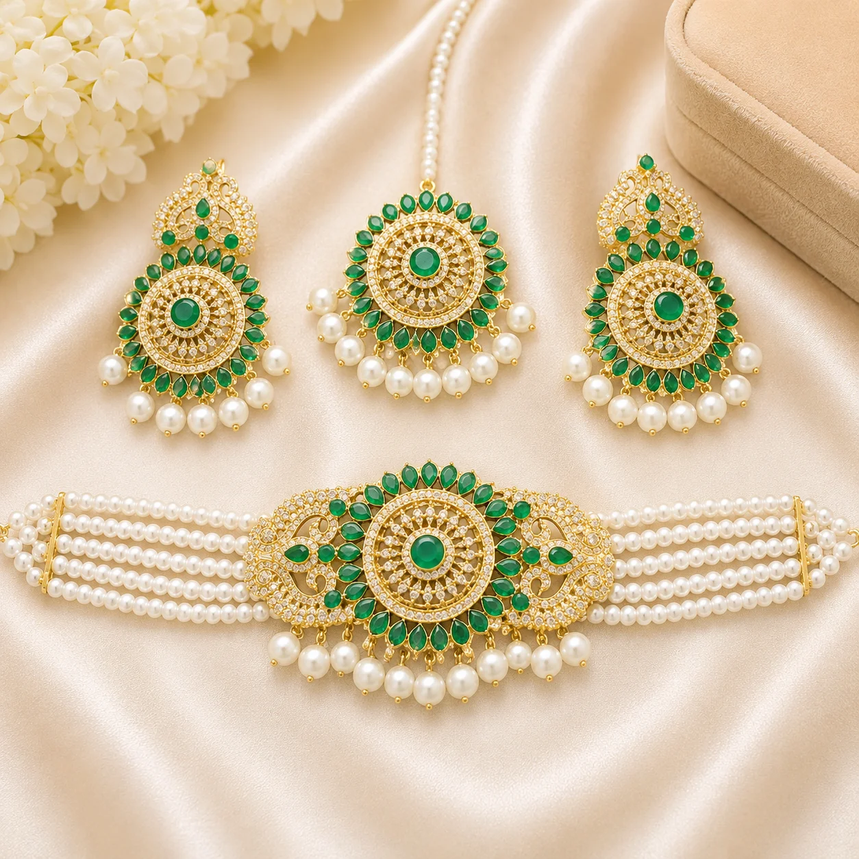 Party Wear Choker Set with Green Stones & Pearl Detailing