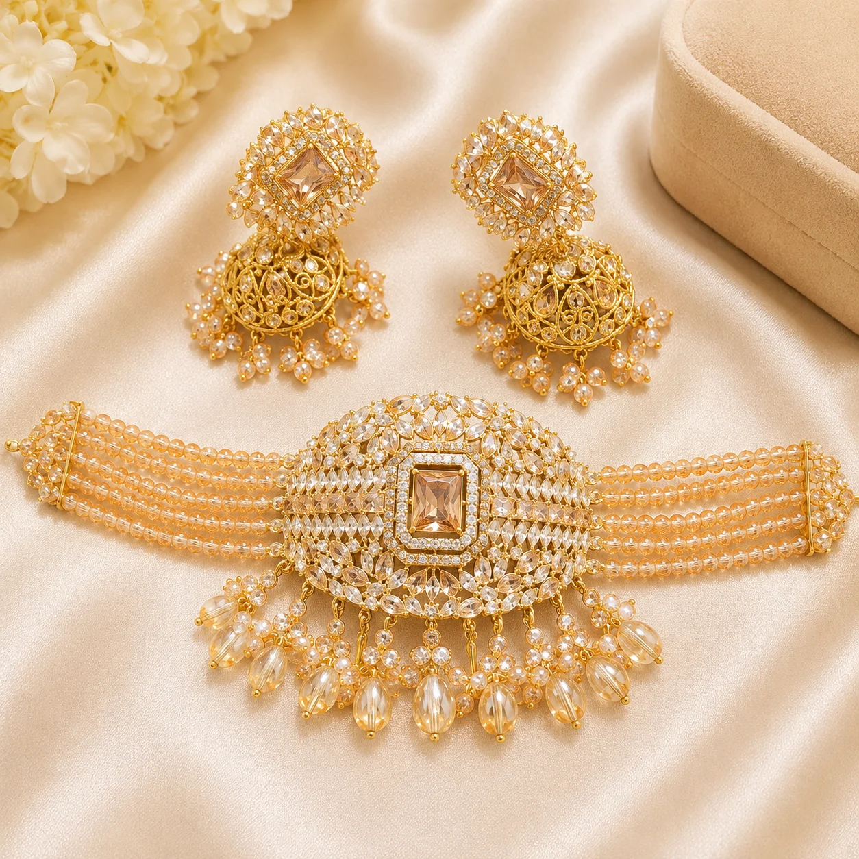 Premium Party Wear Choker Set – Multicolor Crystal & Jhumka Earrings