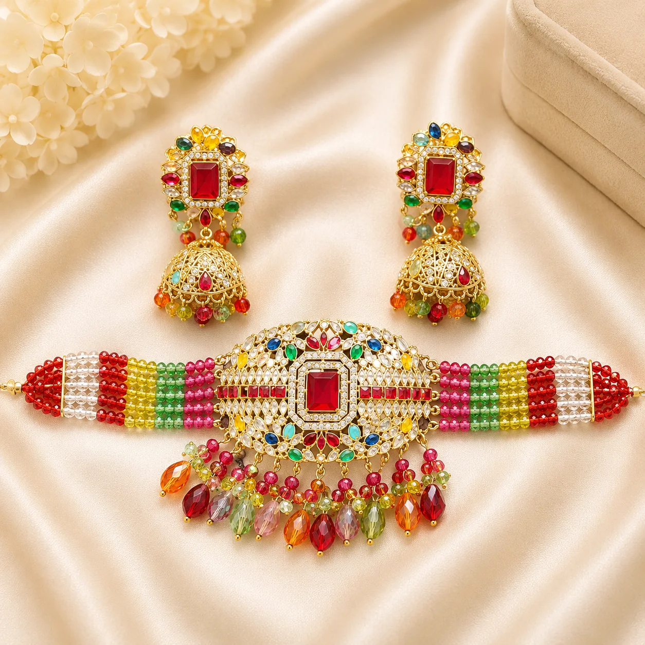 Premium Party Wear Choker Set – Multicolor Crystal & Jhumka Earrings