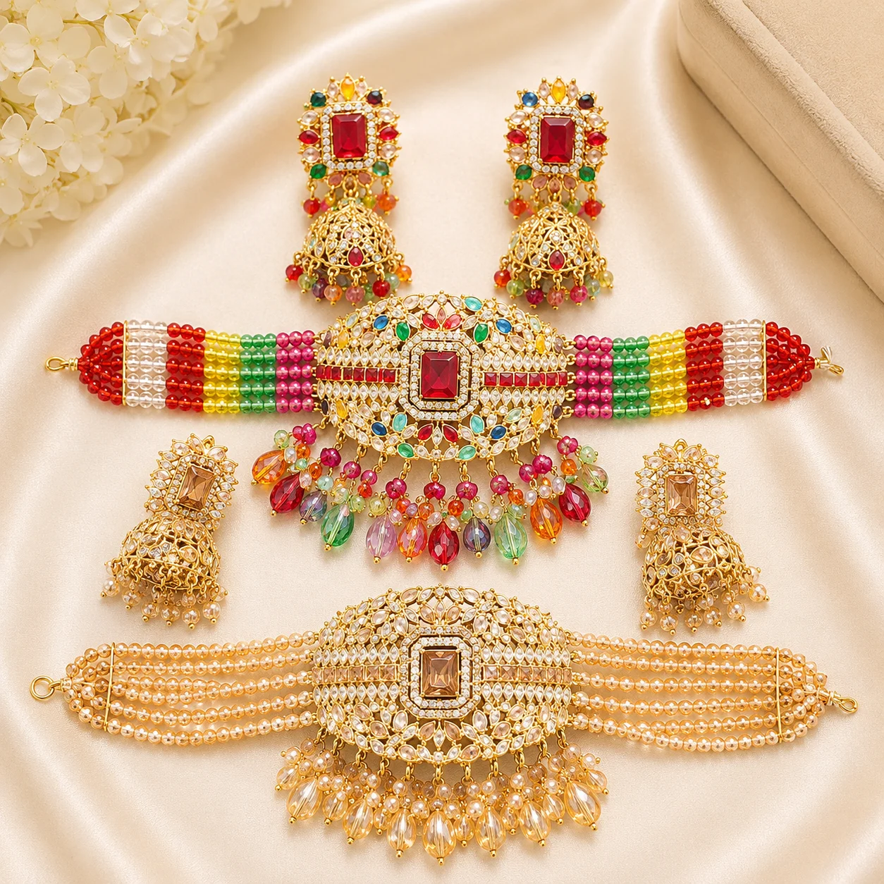 Premium Party Wear Choker Set – Multicolor Crystal & Jhumka Earrings