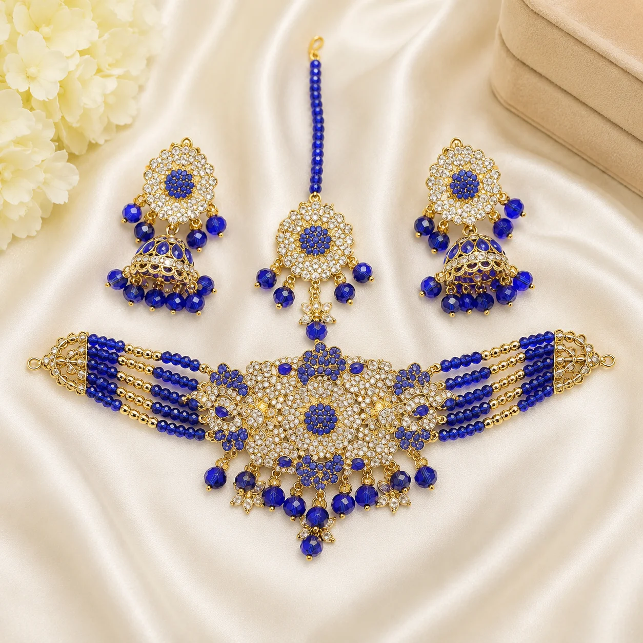 Royal Blue Party Wear Turkish Choker Set with Earrings & Tikka