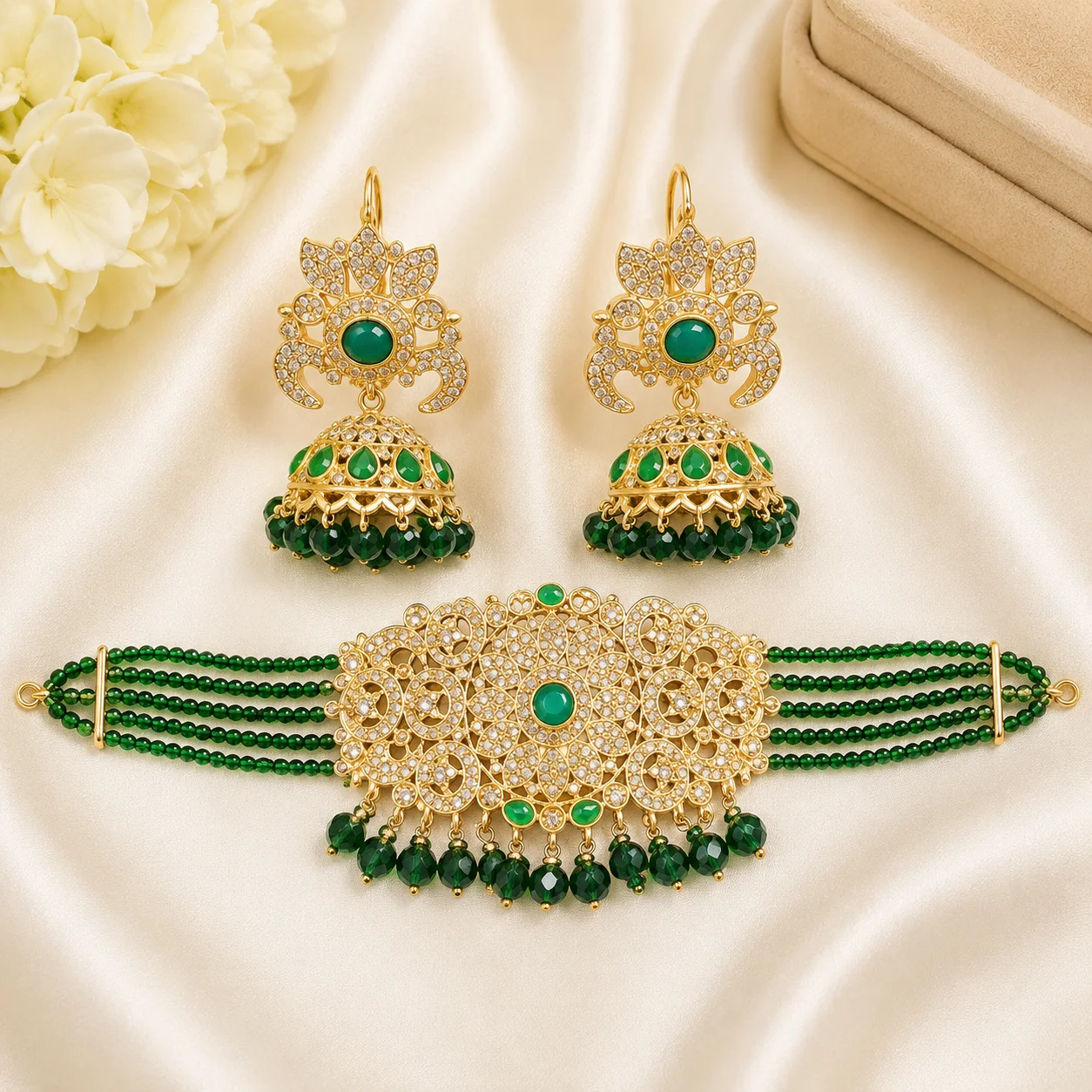 Emerald Green Party Wear Choker Set with Jhumka Earrings