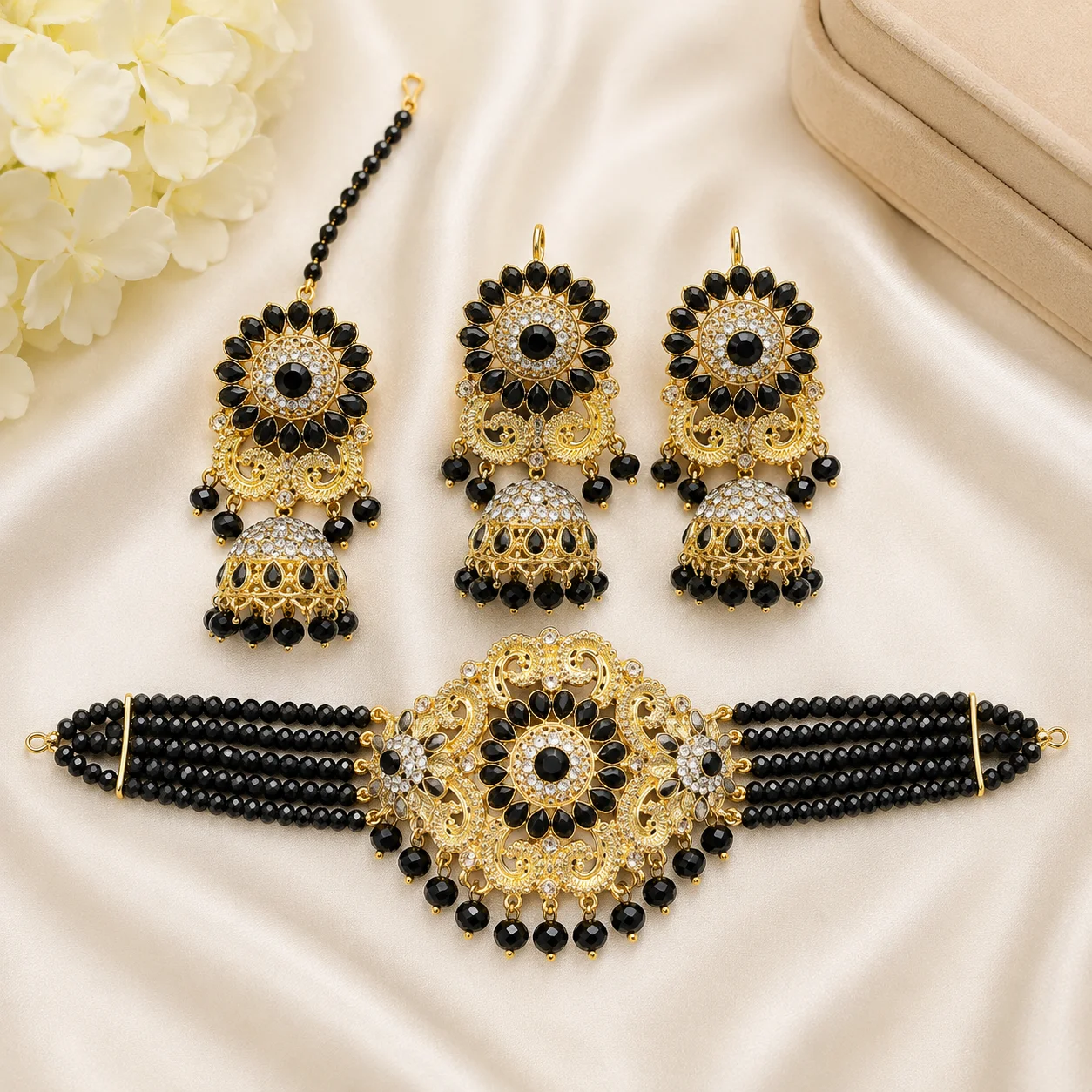Black Party Wear Choker Set with Jhumka Earrings & Tikka