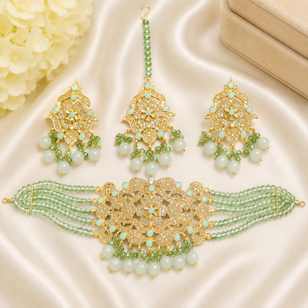 Mint Green Party Wear Choker Set with Earrings & Tikka