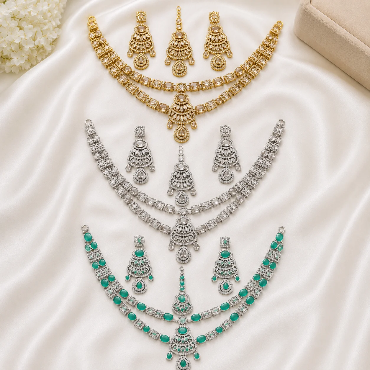 Gold, Silver & Emerald Green Bridal Jewelry Collection